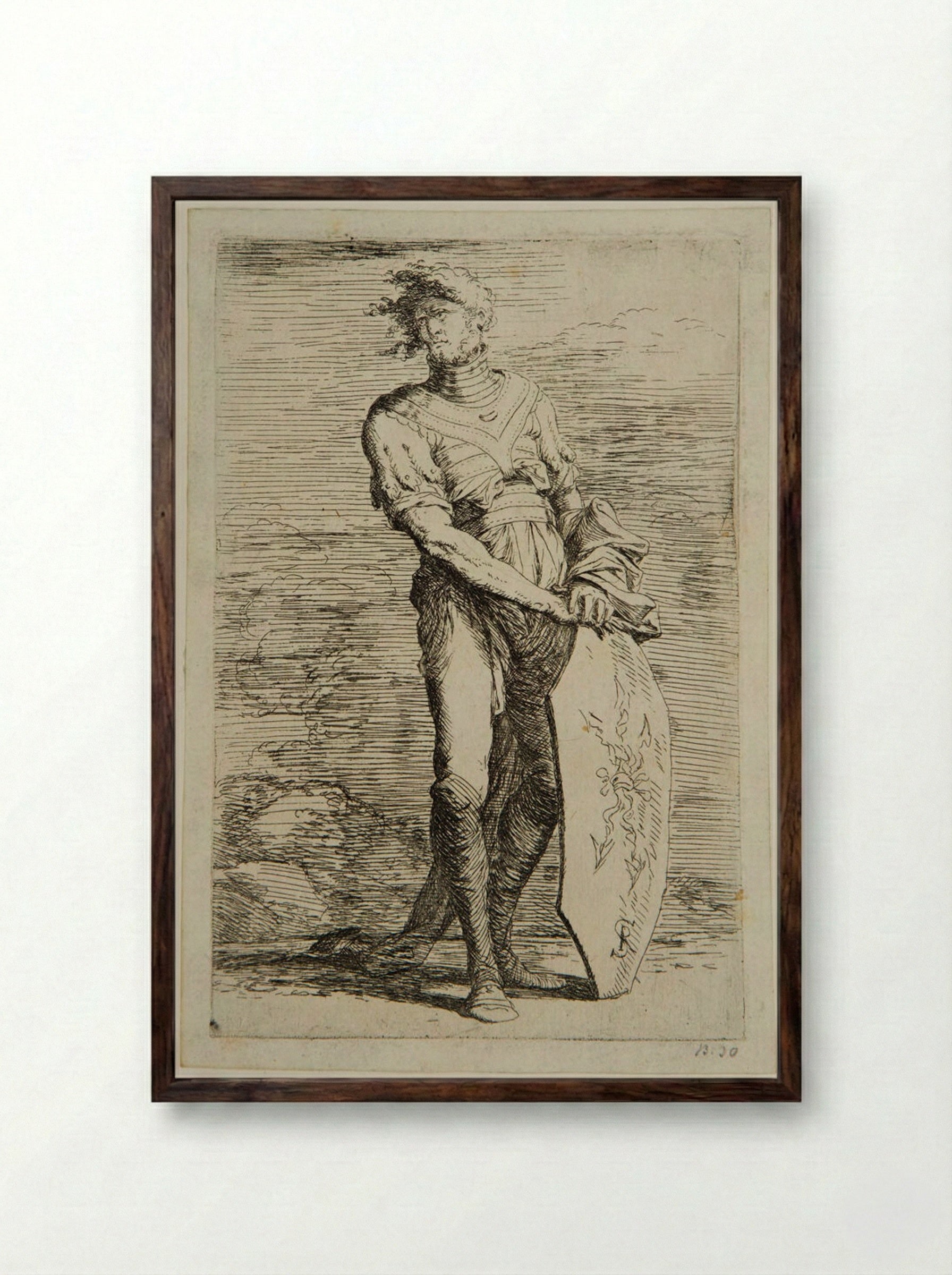 Soldier with his Hair in the Wind, Leaning on a Shield - Salvator Rosa - Framed Print Dark Wood