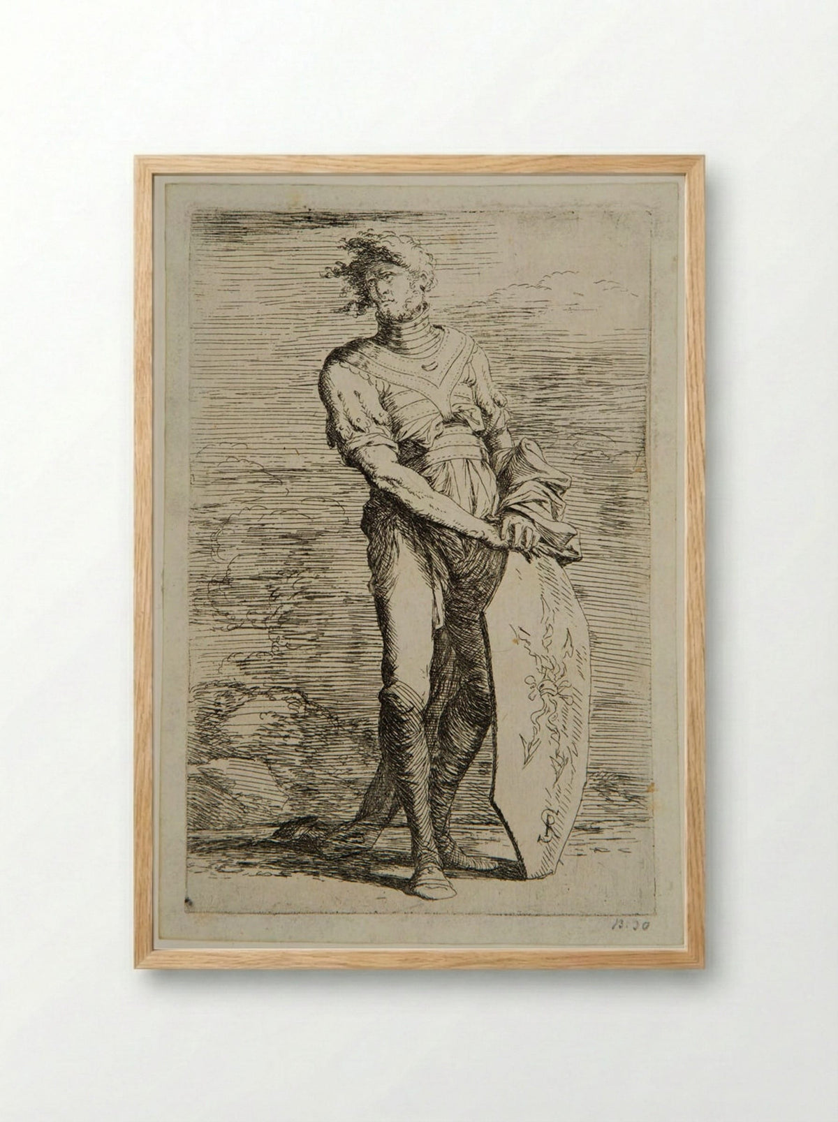 Soldier with his Hair in the Wind, Leaning on a Shield - Salvator Rosa - Framed Print Wood