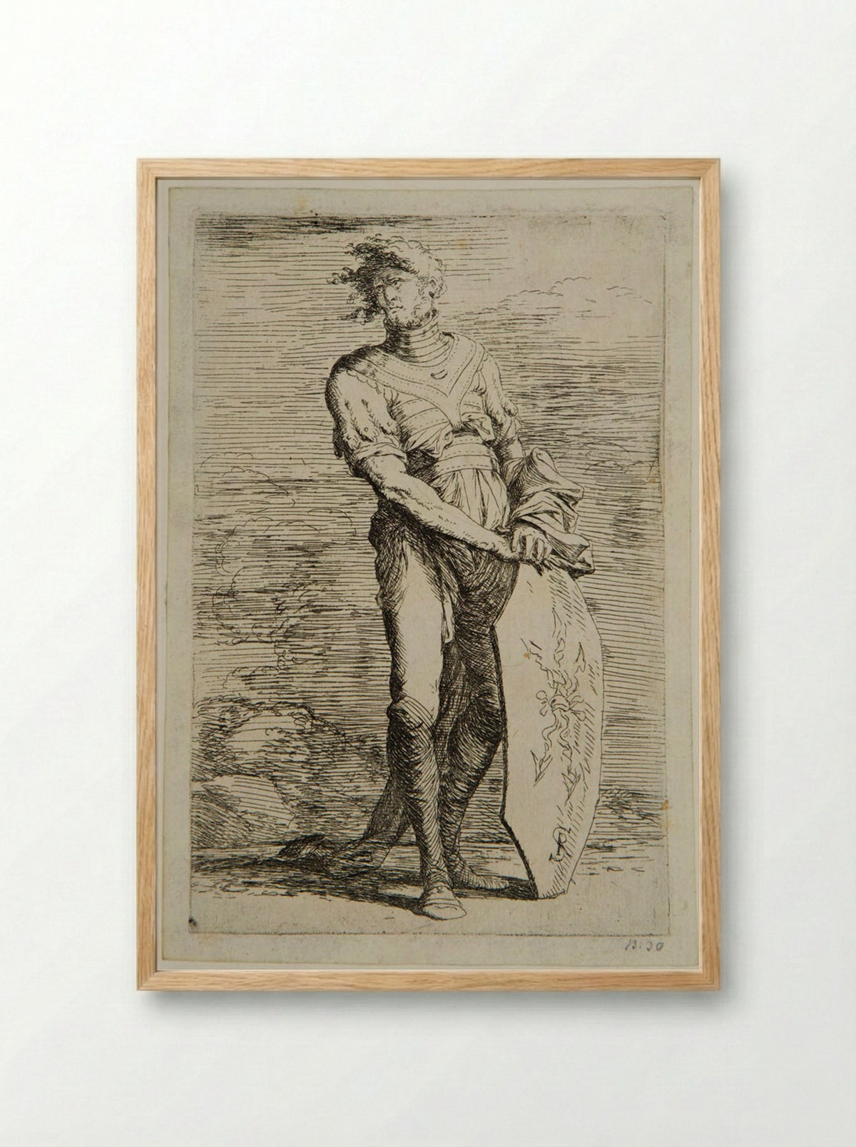 Soldier with his Hair in the Wind, Leaning on a Shield - Salvator Rosa - Framed Print Wood