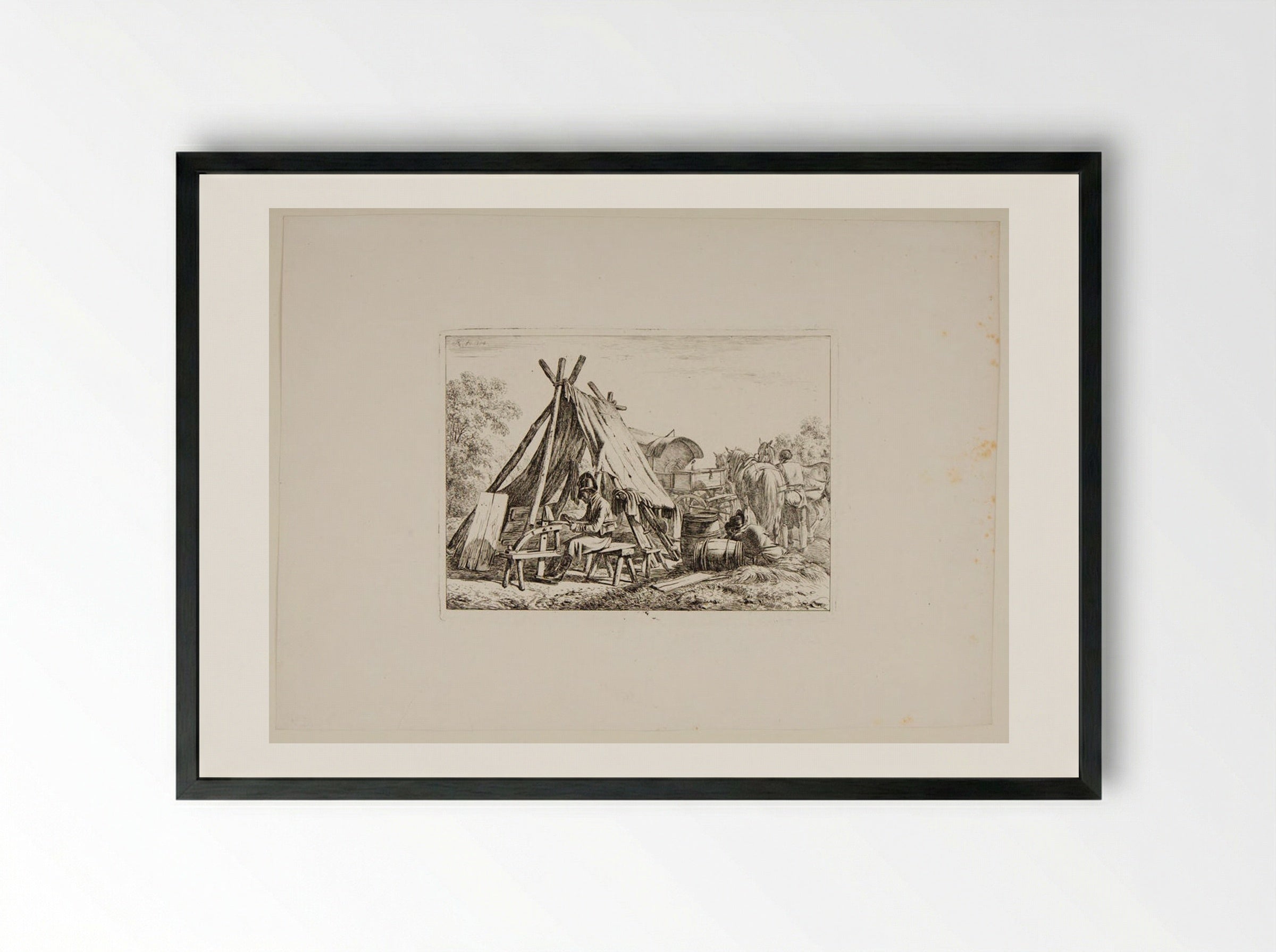 Soldiers Doing Repairs at the Camp - Johann Adam Klein - Framed Print Black