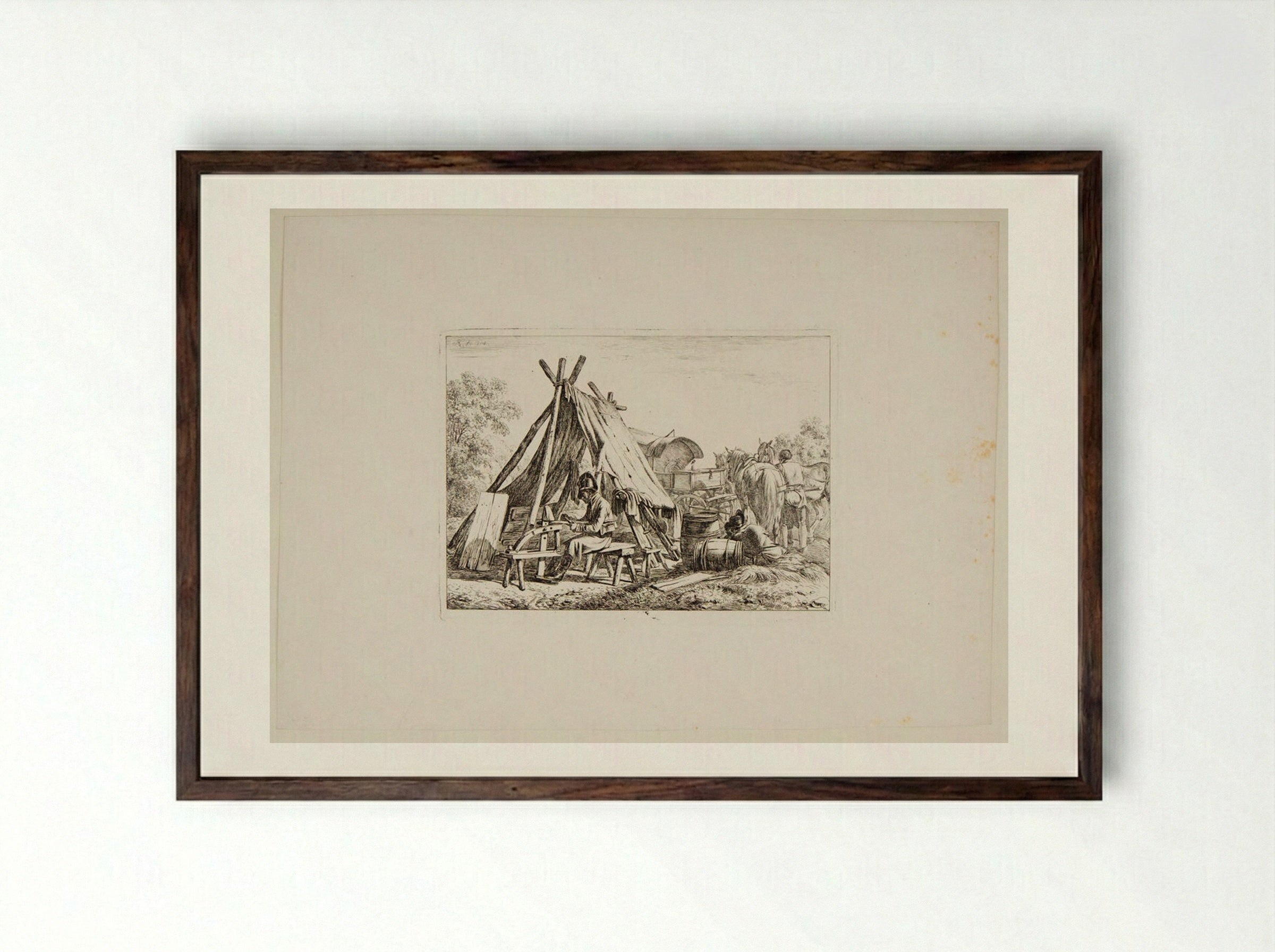 Soldiers Doing Repairs at the Camp - Johann Adam Klein - Framed Print Dark Wood