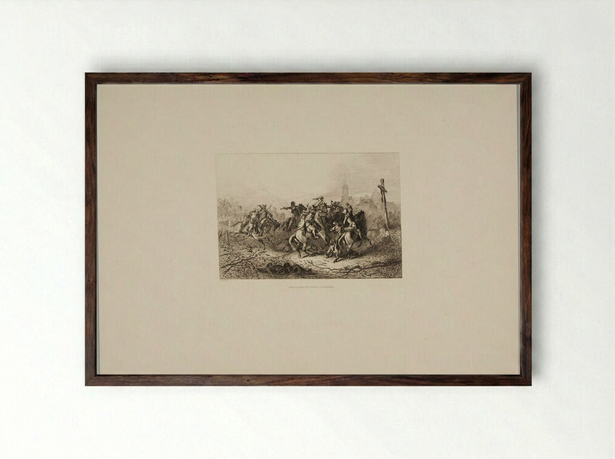 Soldiers Fighting with Swords on Horseback, Church in the Distance - August Beck - Framed Print Dark Wood