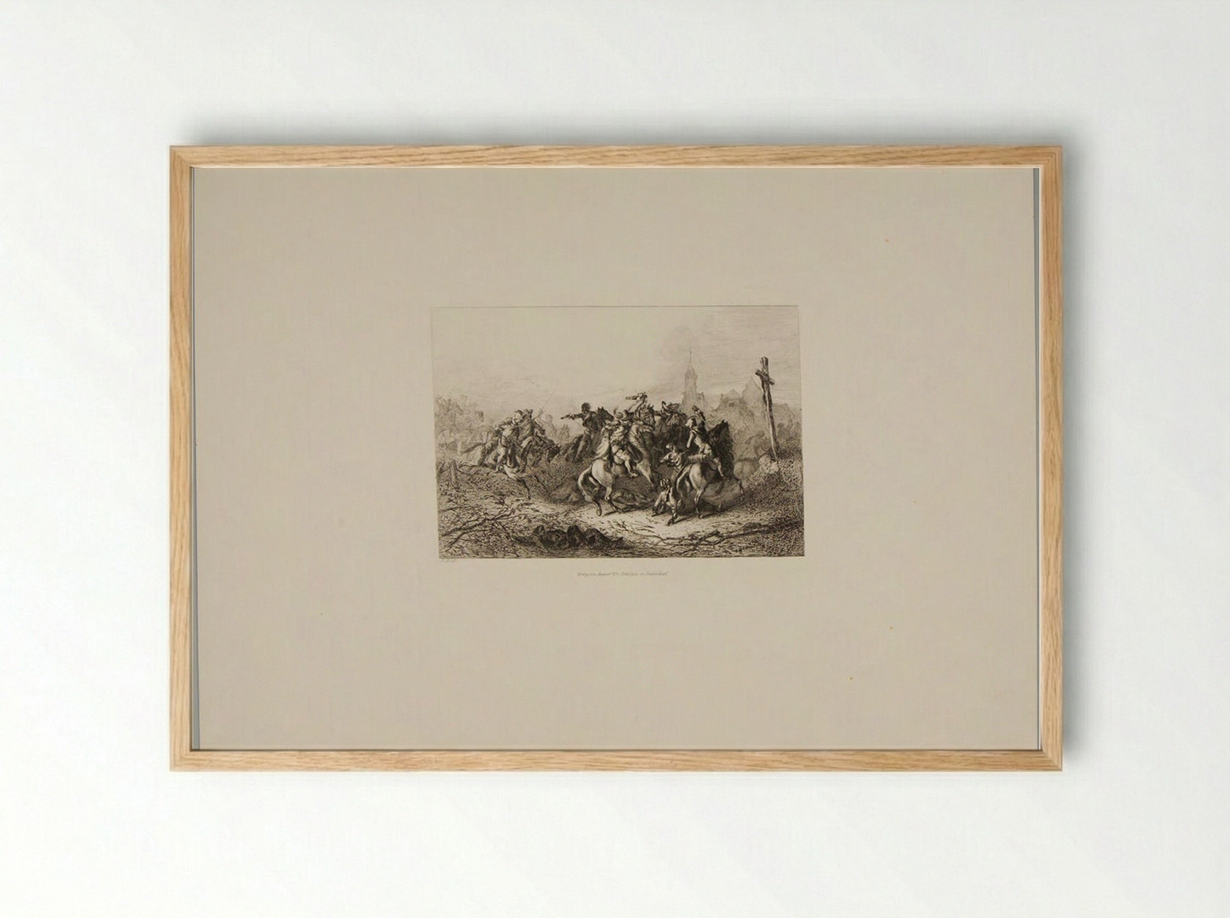 Soldiers Fighting with Swords on Horseback, Church in the Distance - August Beck - Framed Print Wood