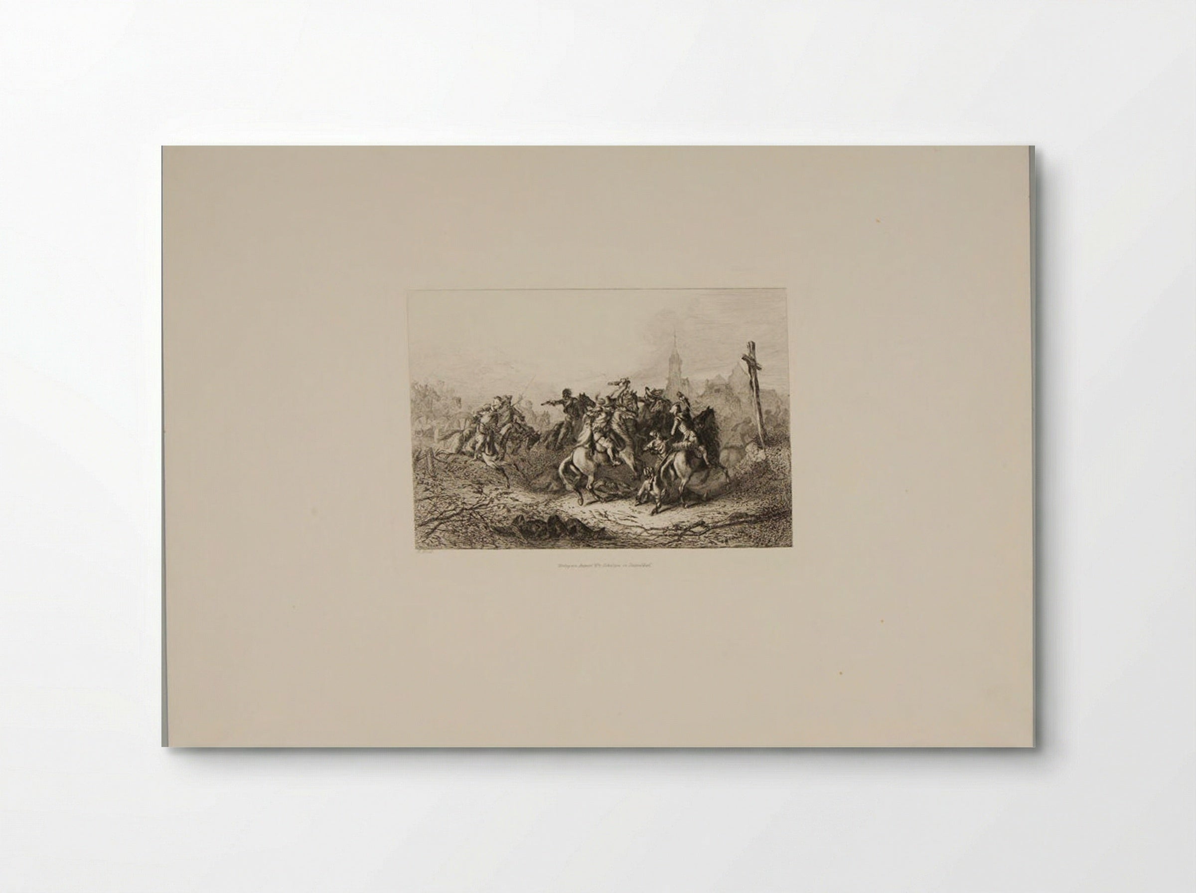 Soldiers Fighting with Swords on Horseback, Church in the Distance - August Beck - Poster