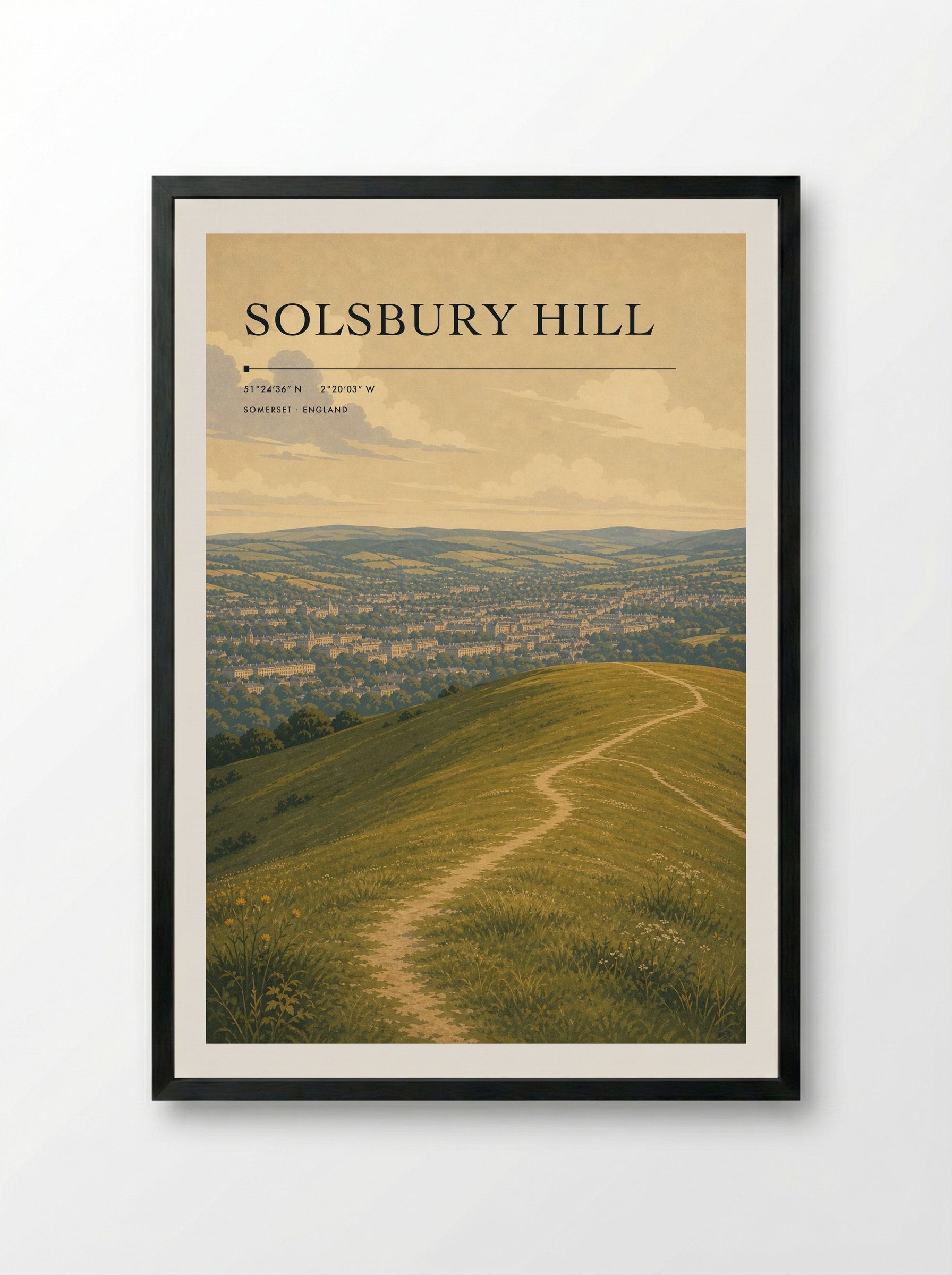 Solsbury Hill Somerset England Travel Poster - Framed Print Black