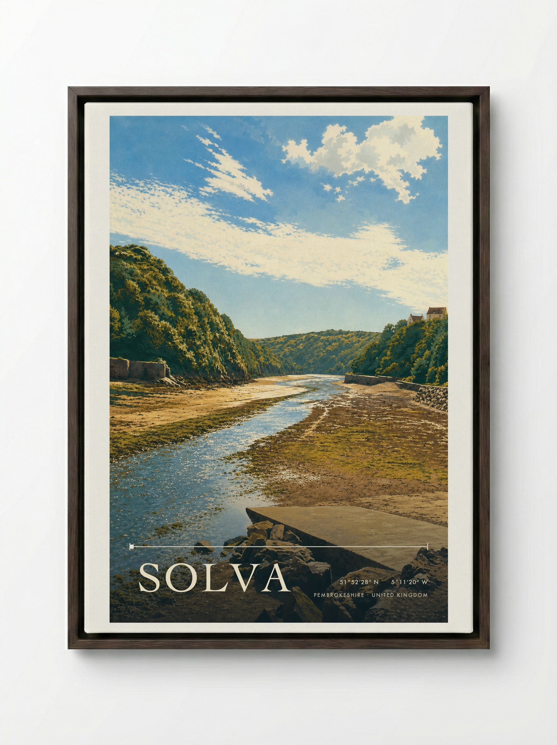 Solva Pembrokeshire United Kingdom Travel Poster - Framed Canvas Dark Wood