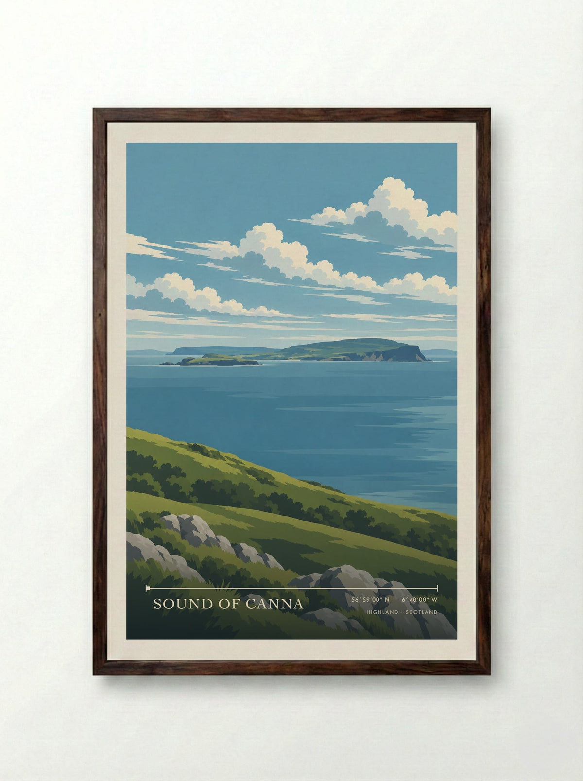 Sound of Canna, Highland | Travel Poster - Framed Print Dark Wood