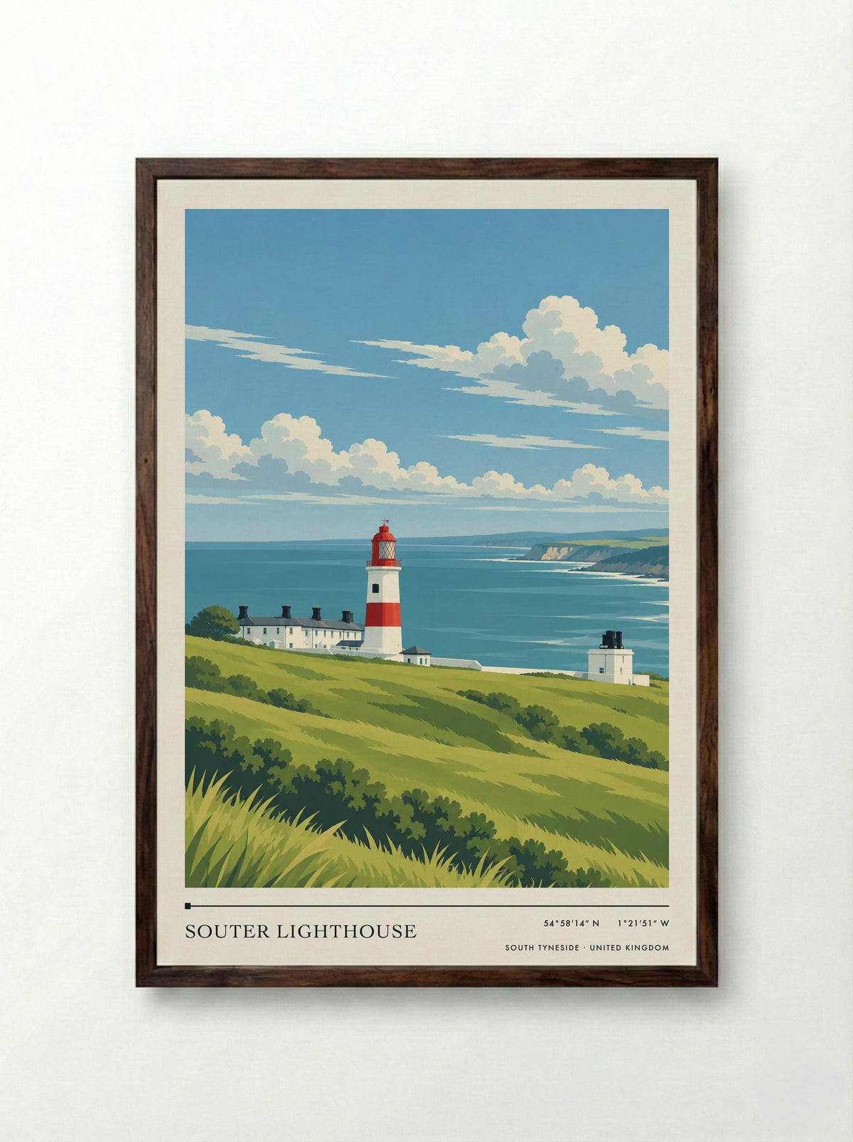 Souter Lighthouse, South Tyneside | Travel Poster - Framed Print Dark Wood