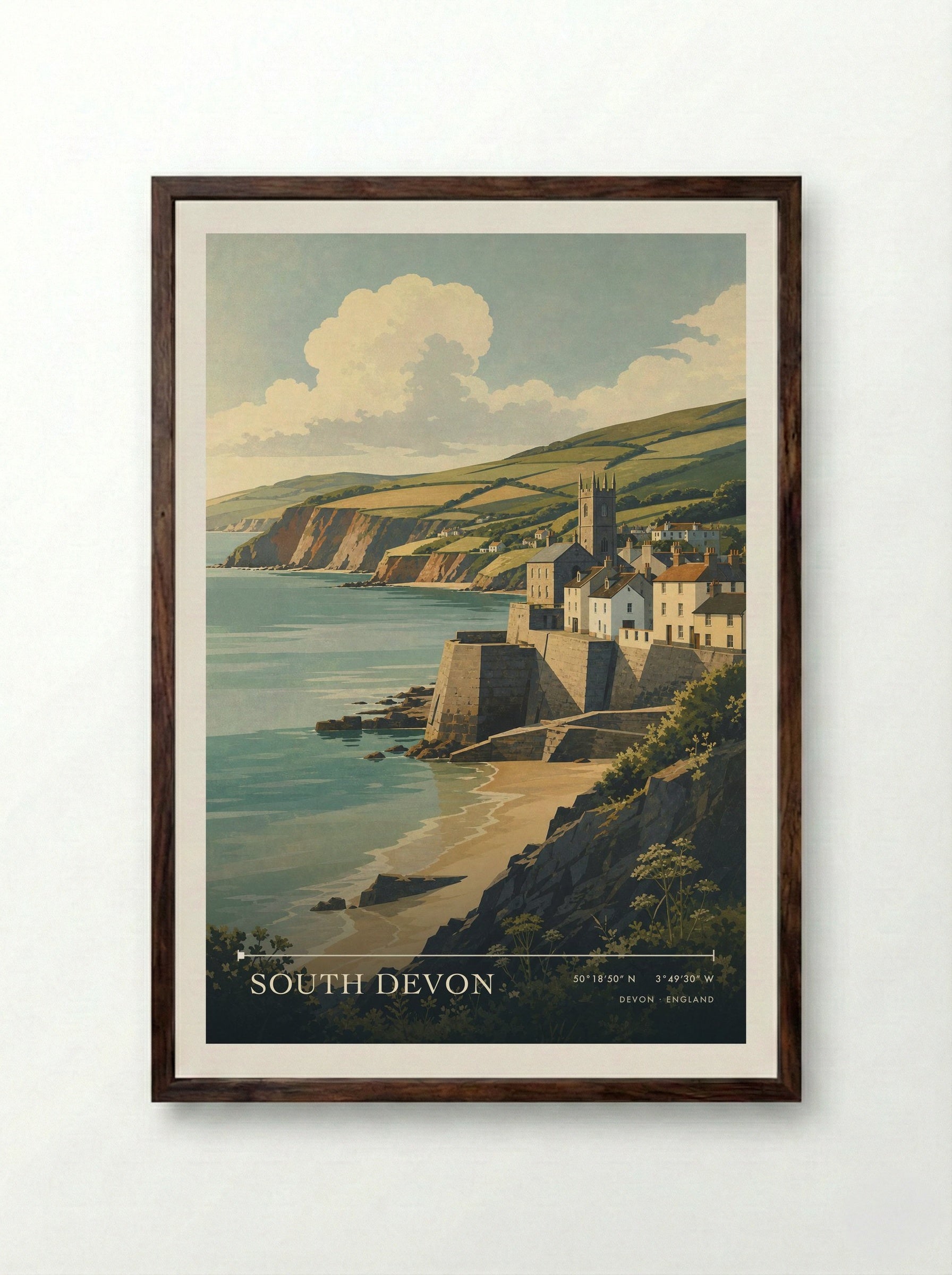 South Devon England Travel Poster - Framed Print Dark Wood