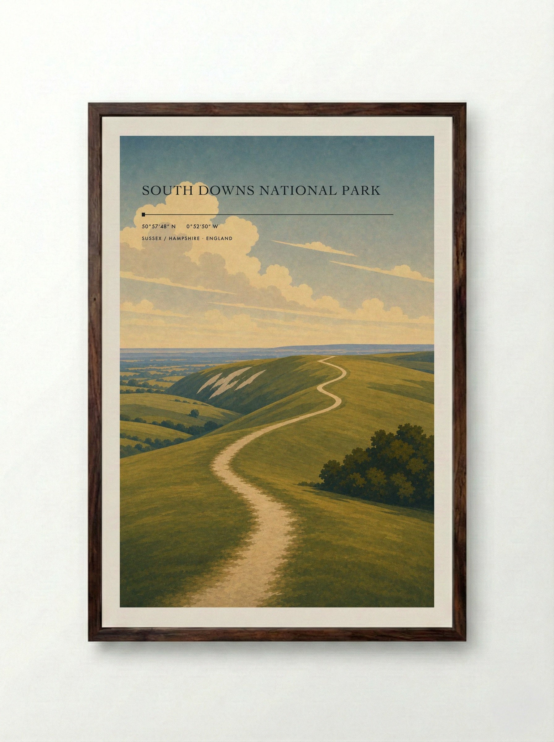 South Downs National Park Sussex / Hampshire England Travel Poster - Framed Print Dark Wood