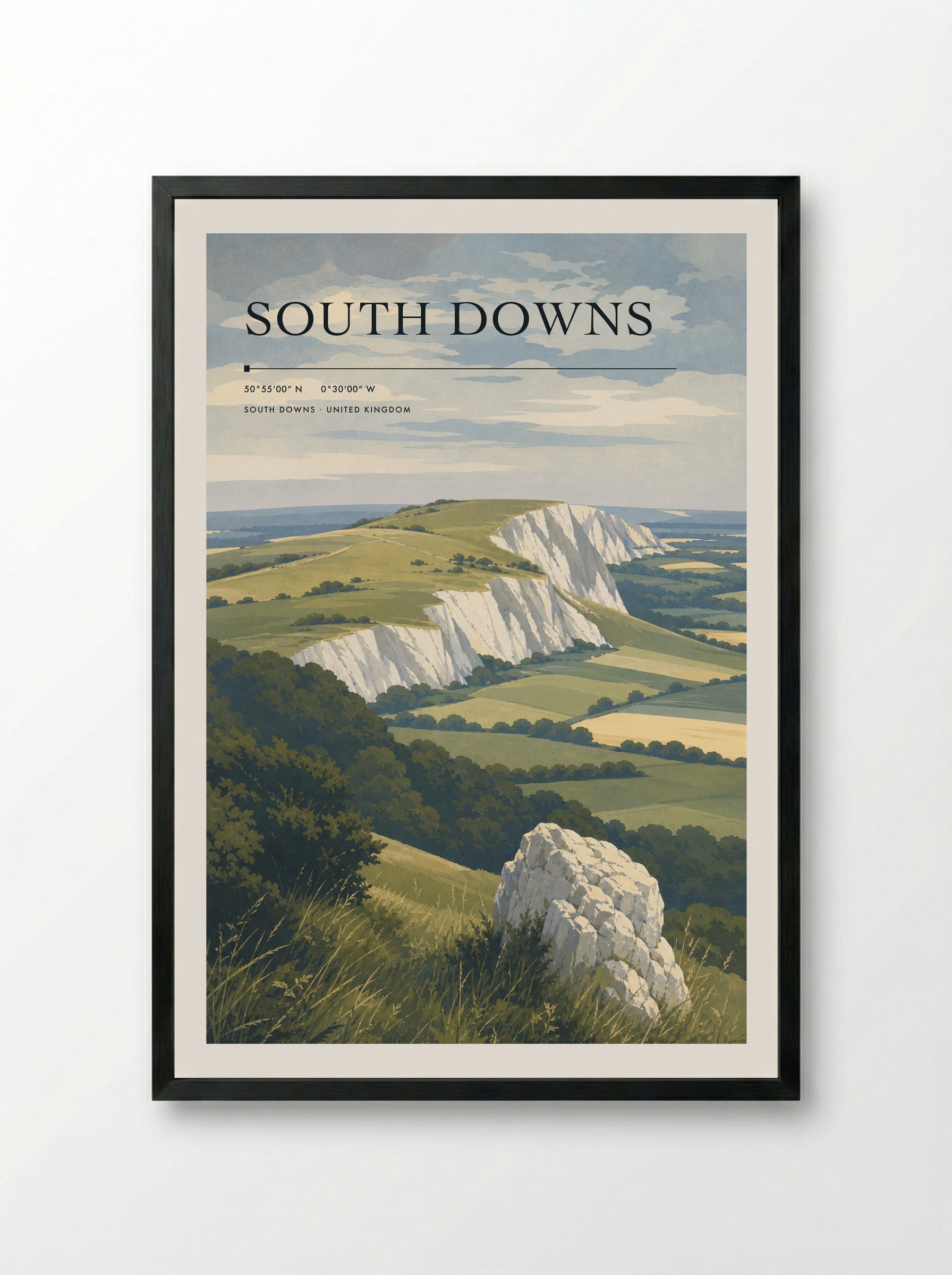 South Downs United Kingdom Travel Poster - Framed Print Black