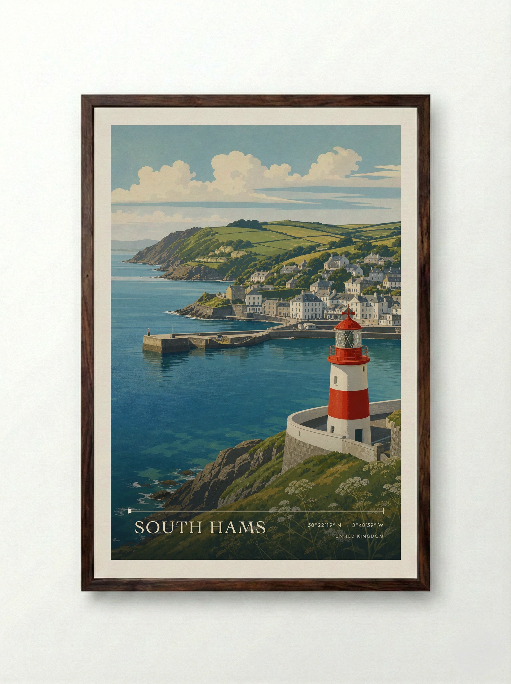 South Hams United Kingdom Travel Poster - Framed Print Dark Wood