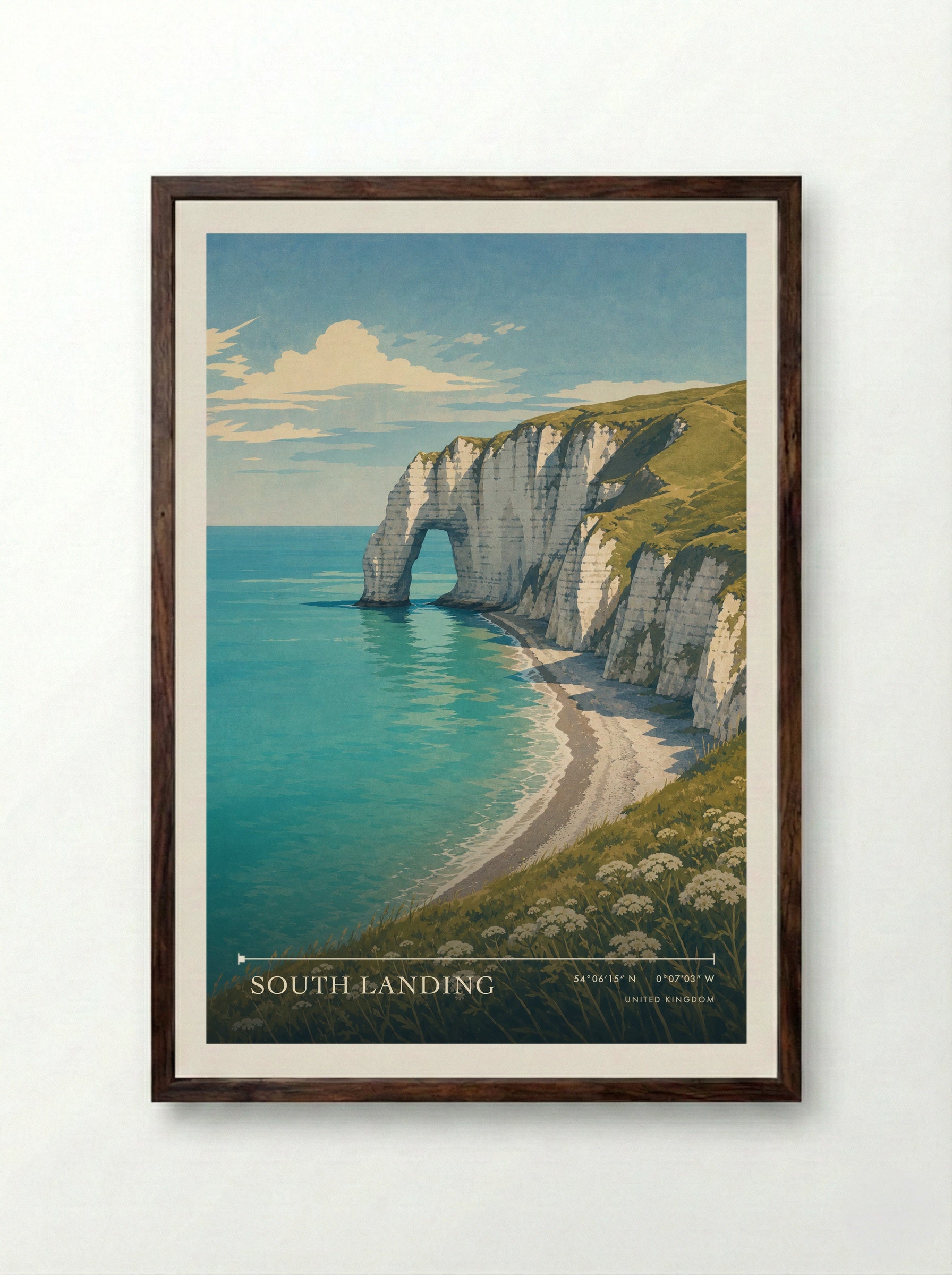 South Landing United Kingdom Travel Poster - Framed Print Dark Wood