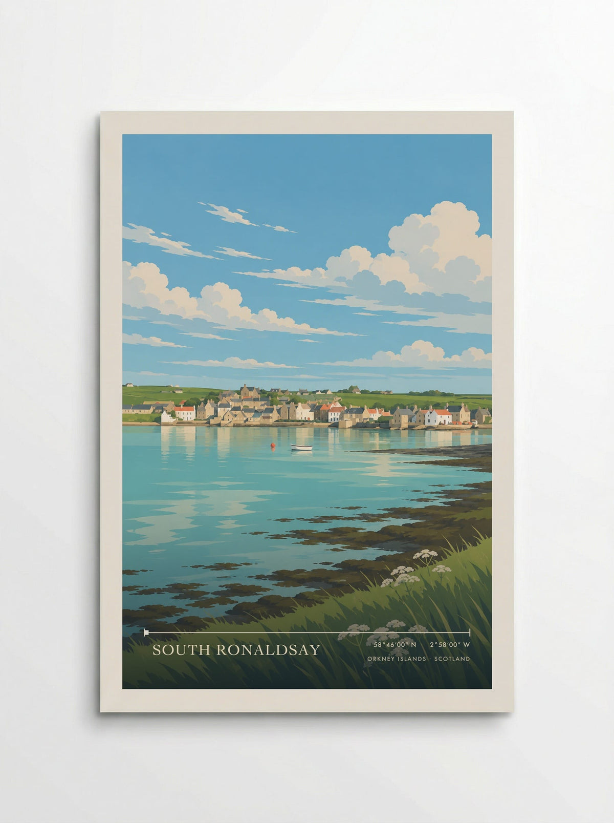South Ronaldsay, Orkney Islands travel poster: pale waterfront houses, a small white boat and green fields beneath bright summer clouds