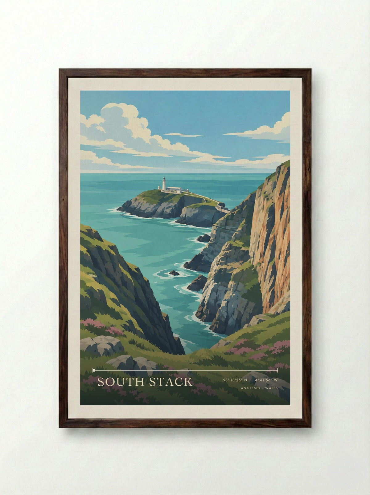 South Stack, Anglesey | Travel Poster - Framed Print Dark Wood