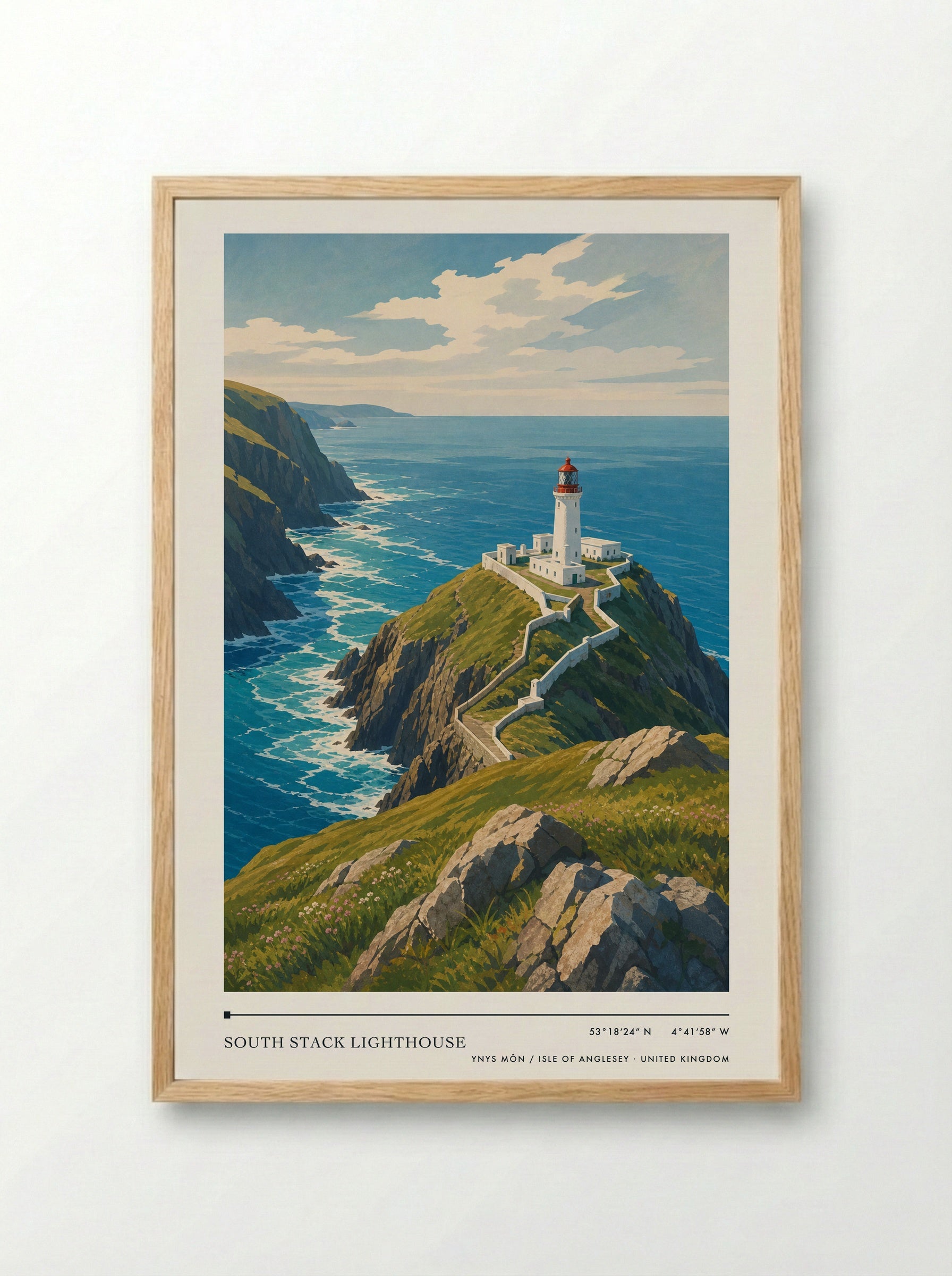 South Stack Lighthouse Ynys Môn / Isle of Anglesey United Kingdom Travel Poster - Framed Print Wood