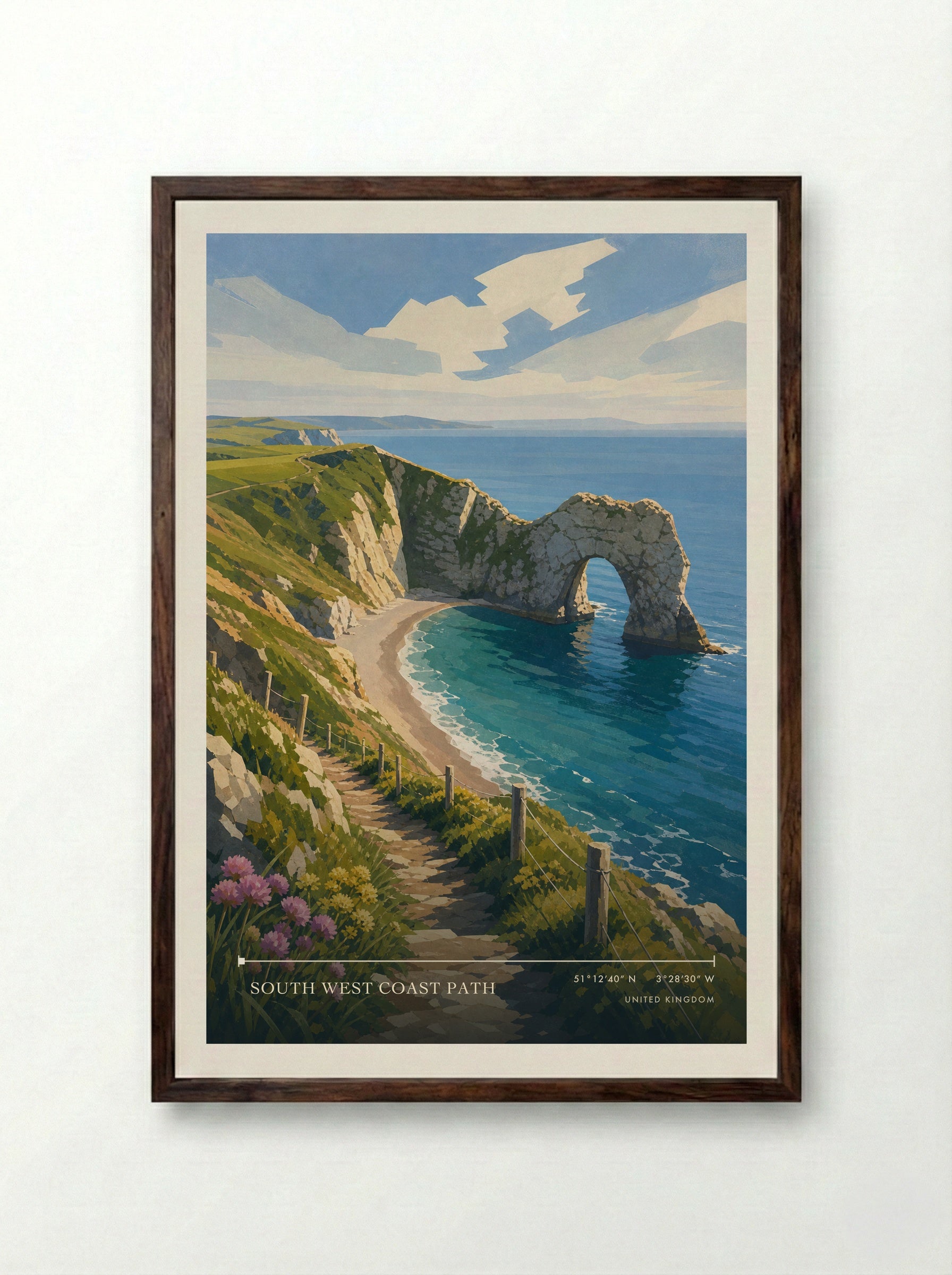 South West Coast Path United Kingdom Travel Poster - Framed Print Dark Wood