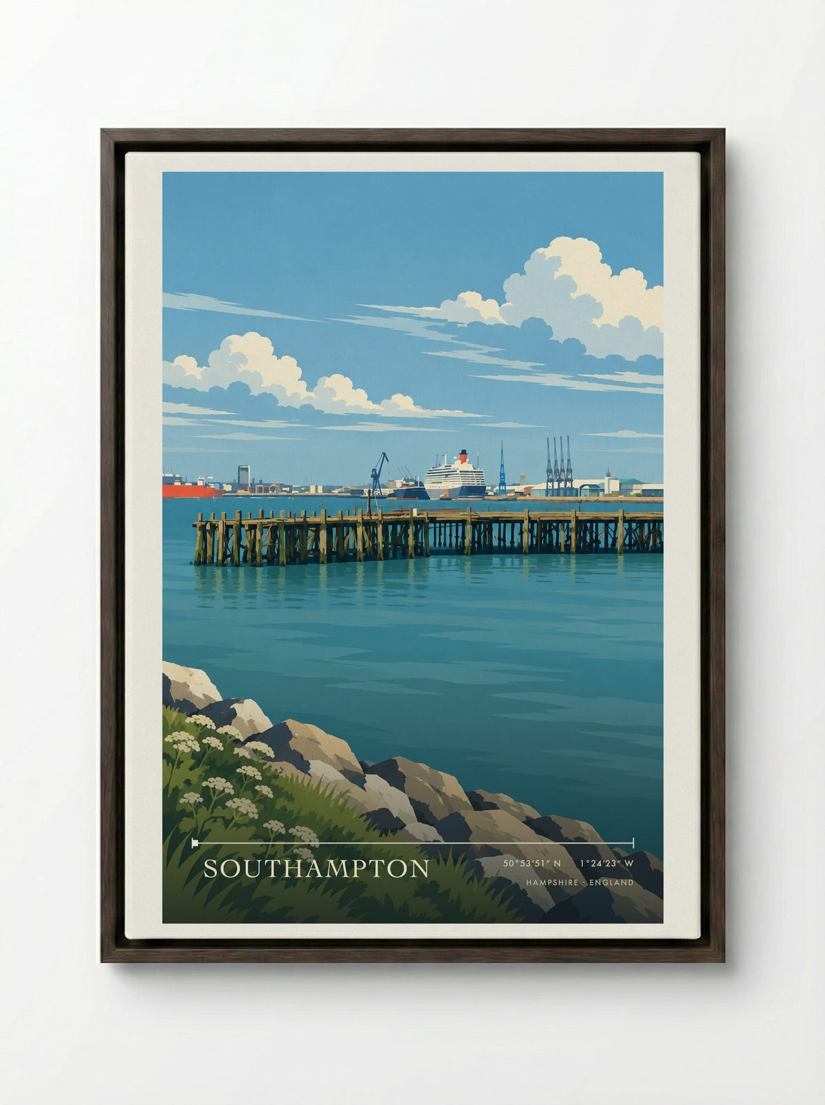 Southampton, Hampshire | Travel Poster - Framed Canvas Dark Wood