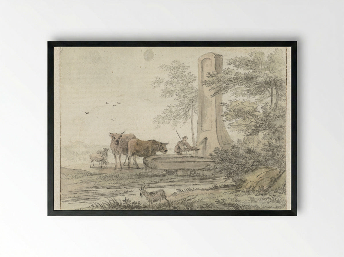 Southern Landscape with a Shepherd and Cattle at a Fountain - Hendrik van der Straaten - Framed Print Black