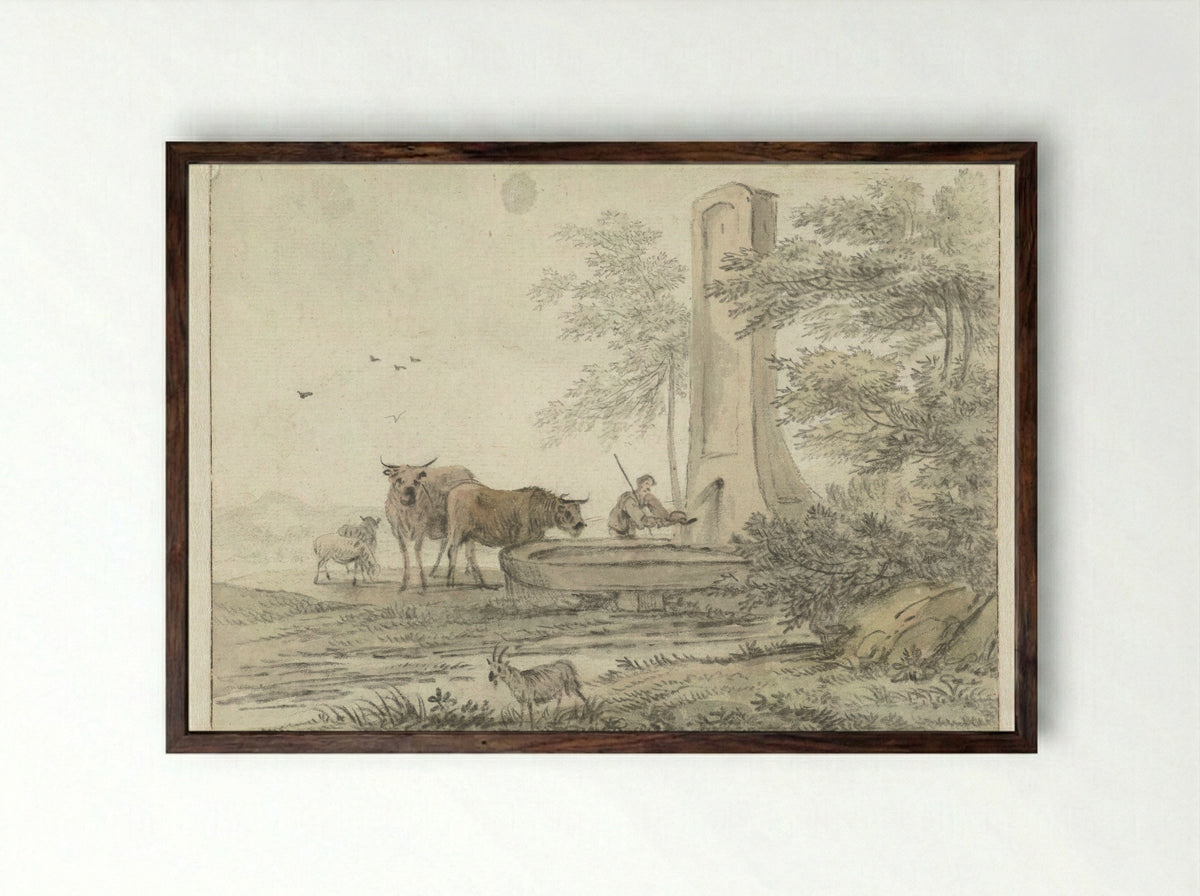 Southern Landscape with a Shepherd and Cattle at a Fountain - Hendrik van der Straaten - Framed Print Dark Wood