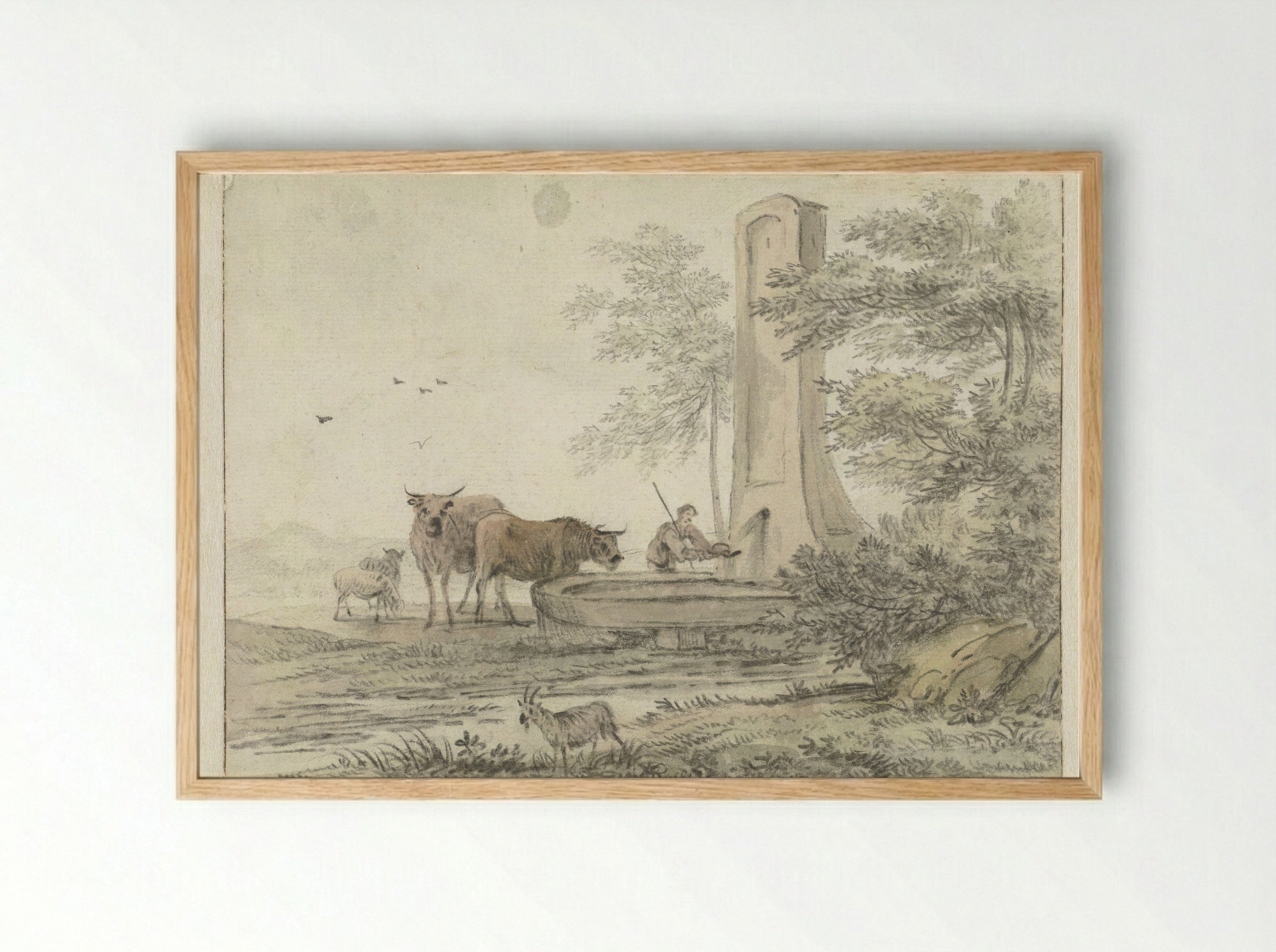 Southern Landscape with a Shepherd and Cattle at a Fountain - Hendrik van der Straaten - Framed Print Wood