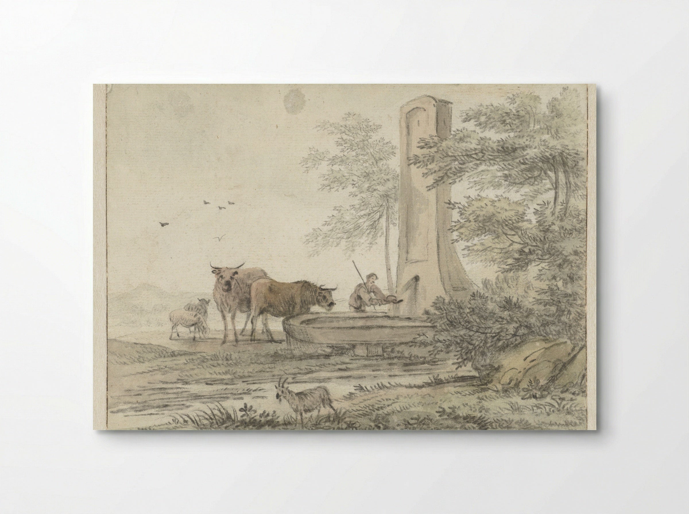 Southern Landscape with a Shepherd and Cattle at a Fountain - Hendrik van der Straaten - Poster