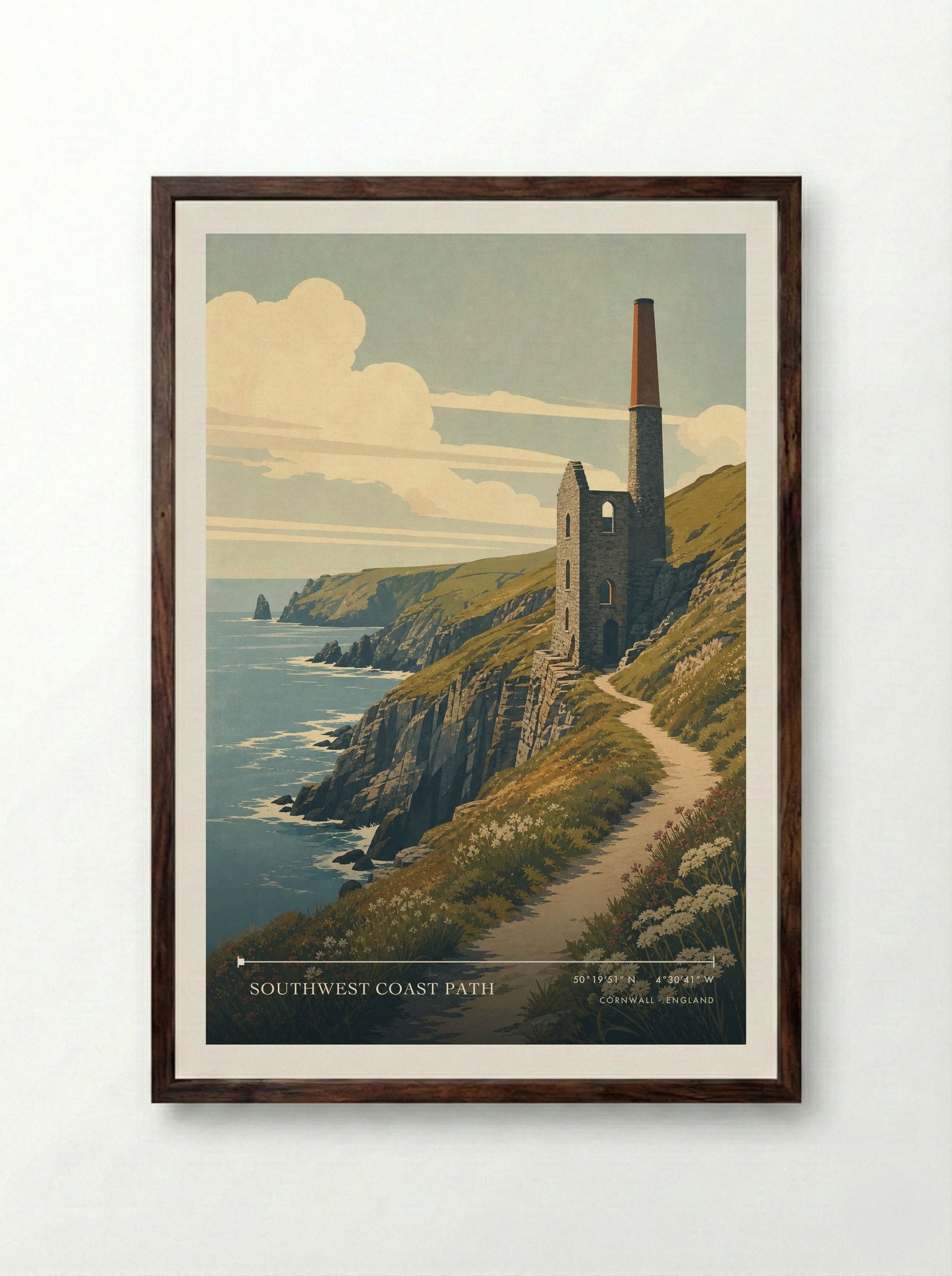 Southwest Coast Path Cornwall England Travel Poster - Framed Print Dark Wood