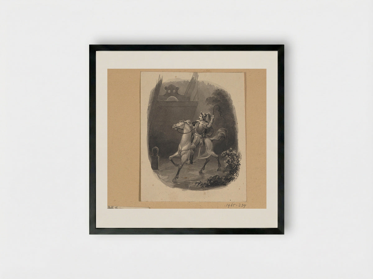 Spaanse soldaat te paard bij een ophaalbrug - Johann Wilhelm Kaiser (I) - Framed Print Black