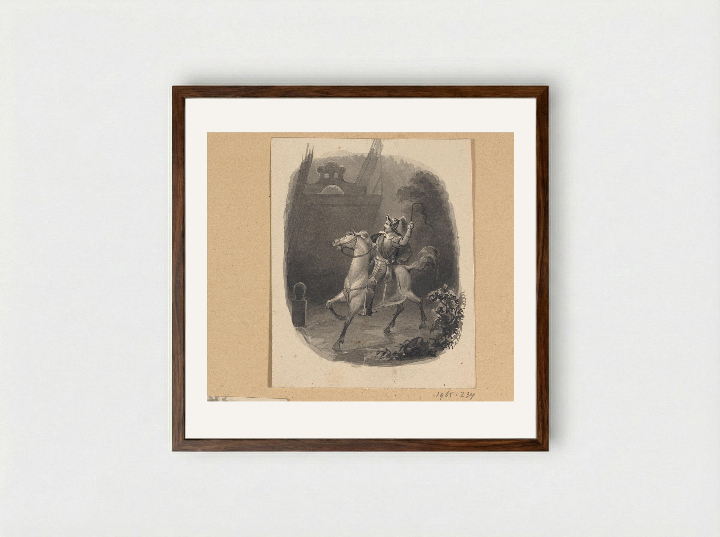 Spaanse soldaat te paard bij een ophaalbrug - Johann Wilhelm Kaiser (I) - Framed Print Dark Wood