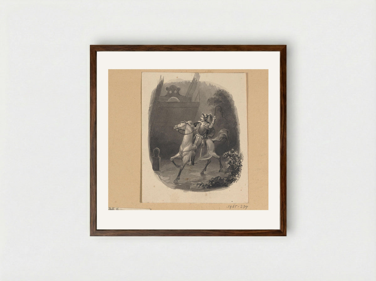 Spaanse soldaat te paard bij een ophaalbrug - Johann Wilhelm Kaiser (I) - Framed Print Dark Wood