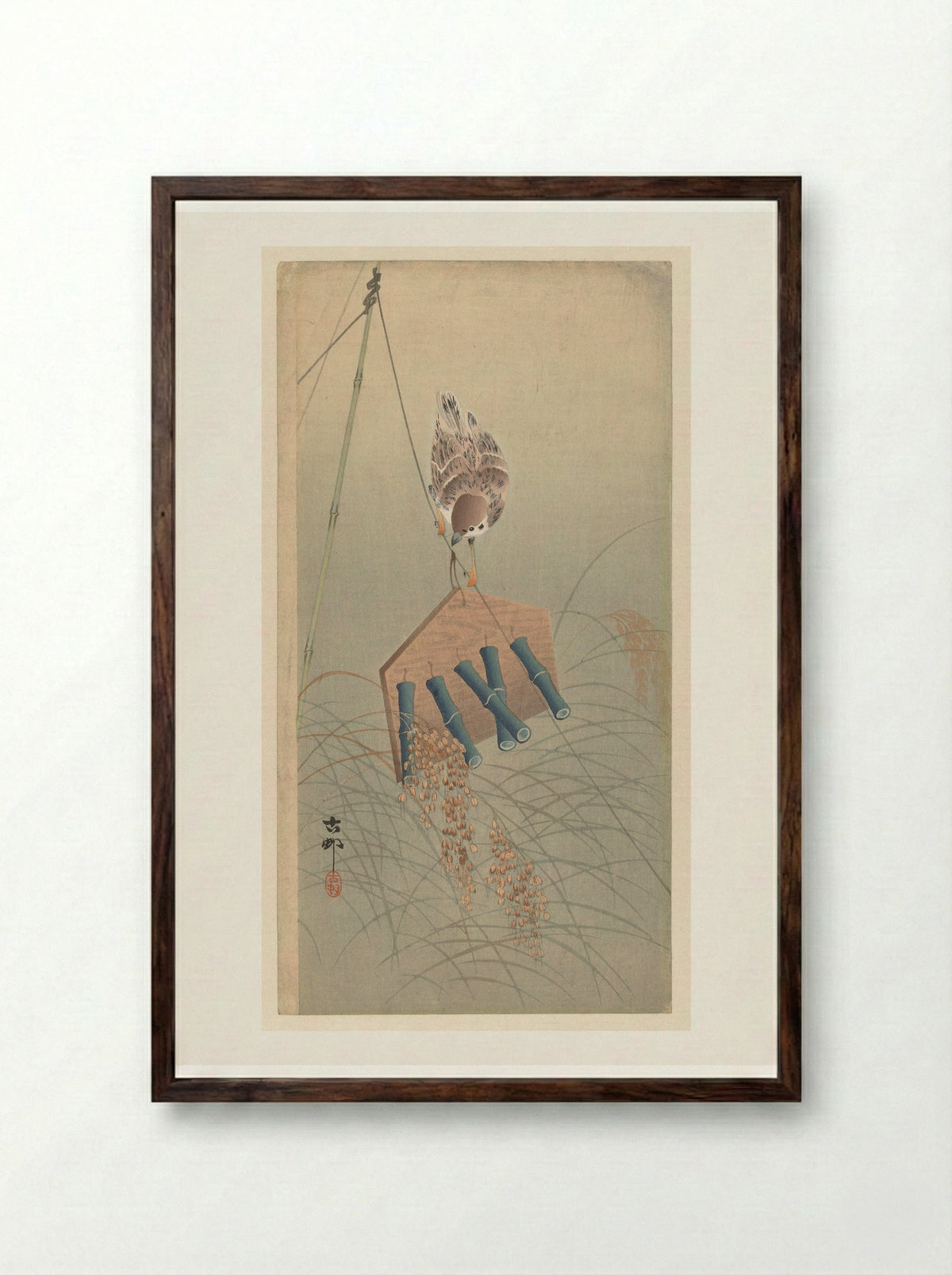 Sparrow on a Scarecrow - Matsuki Heikichi - Framed Print Dark Wood