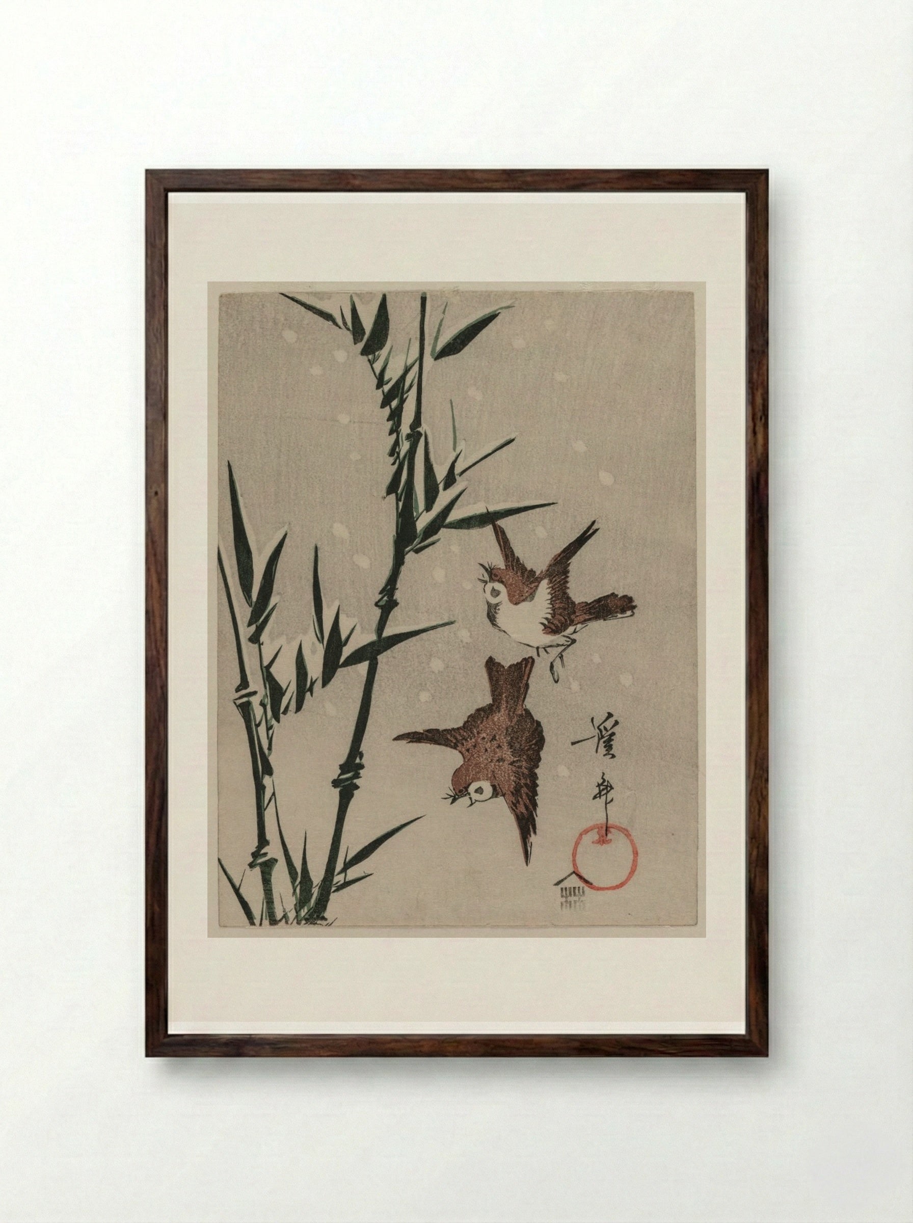 Sparrows, Bamboo and Falling Snow - Keisai Eisen - Framed Print Dark Wood