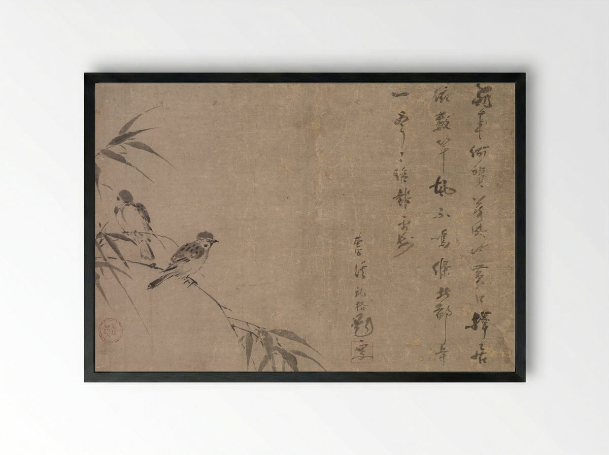 Sparrows and Bamboo - Shiken Saidō - Framed Print Black