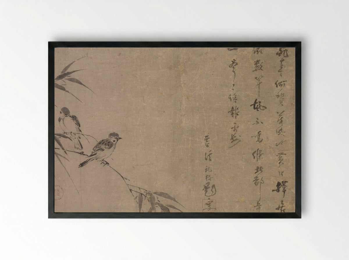 Sparrows and Bamboo - Shiken Saidō - Framed Print Black