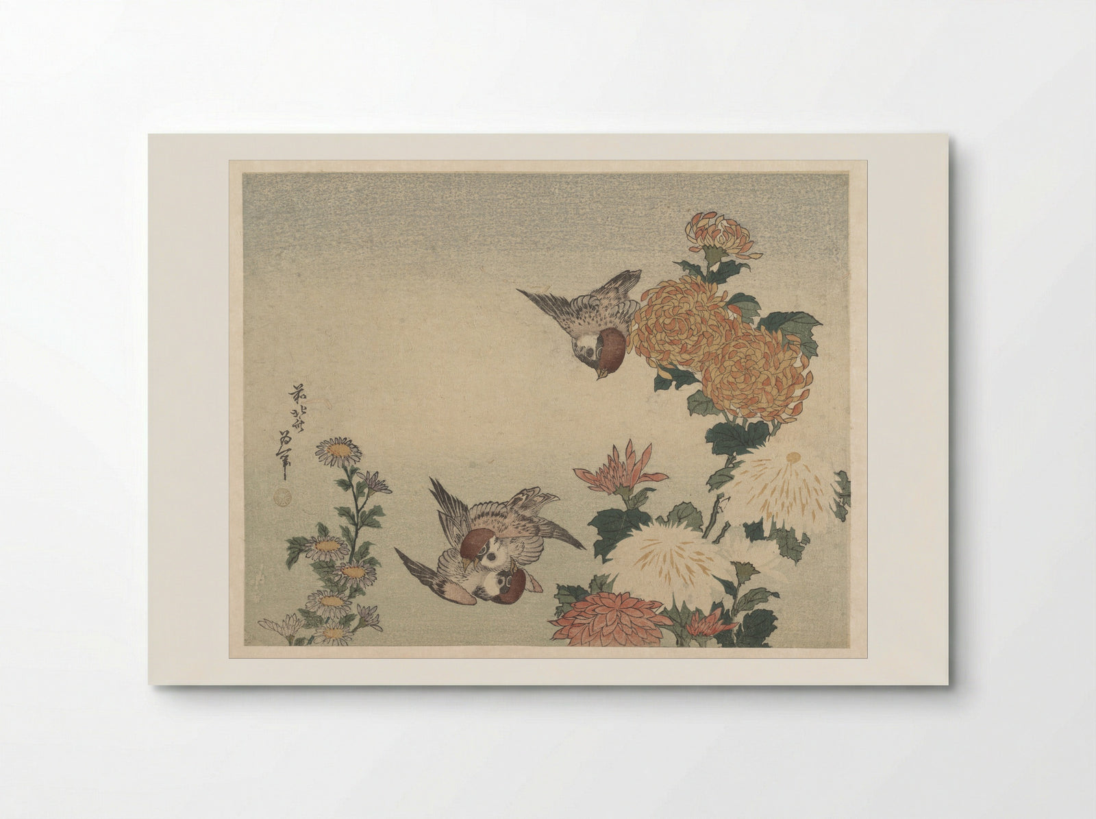 Sparrows and Chrysanthemums - Katsushika Hokusai