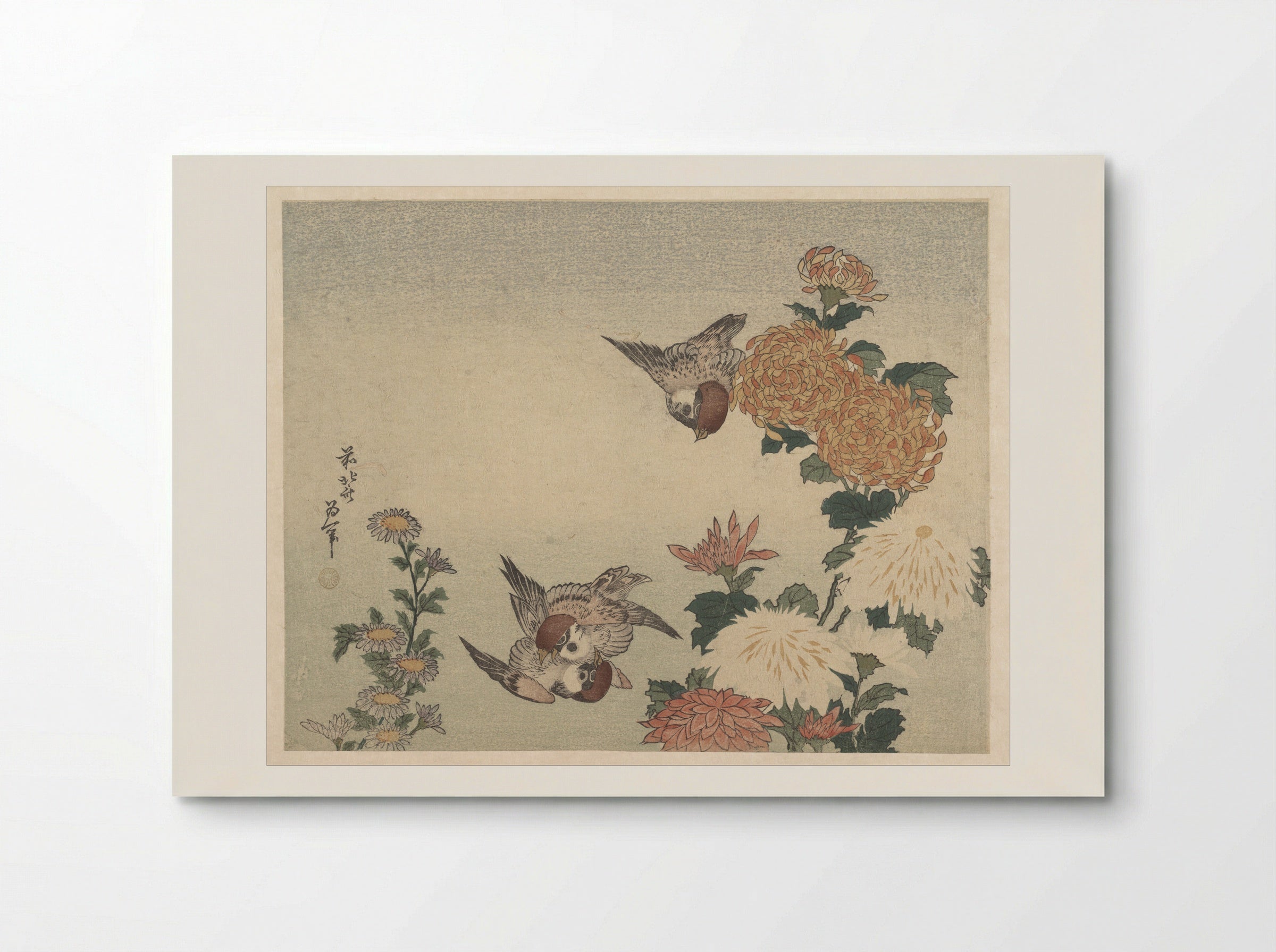 Sparrows and Chrysanthemums - Katsushika Hokusai - Poster