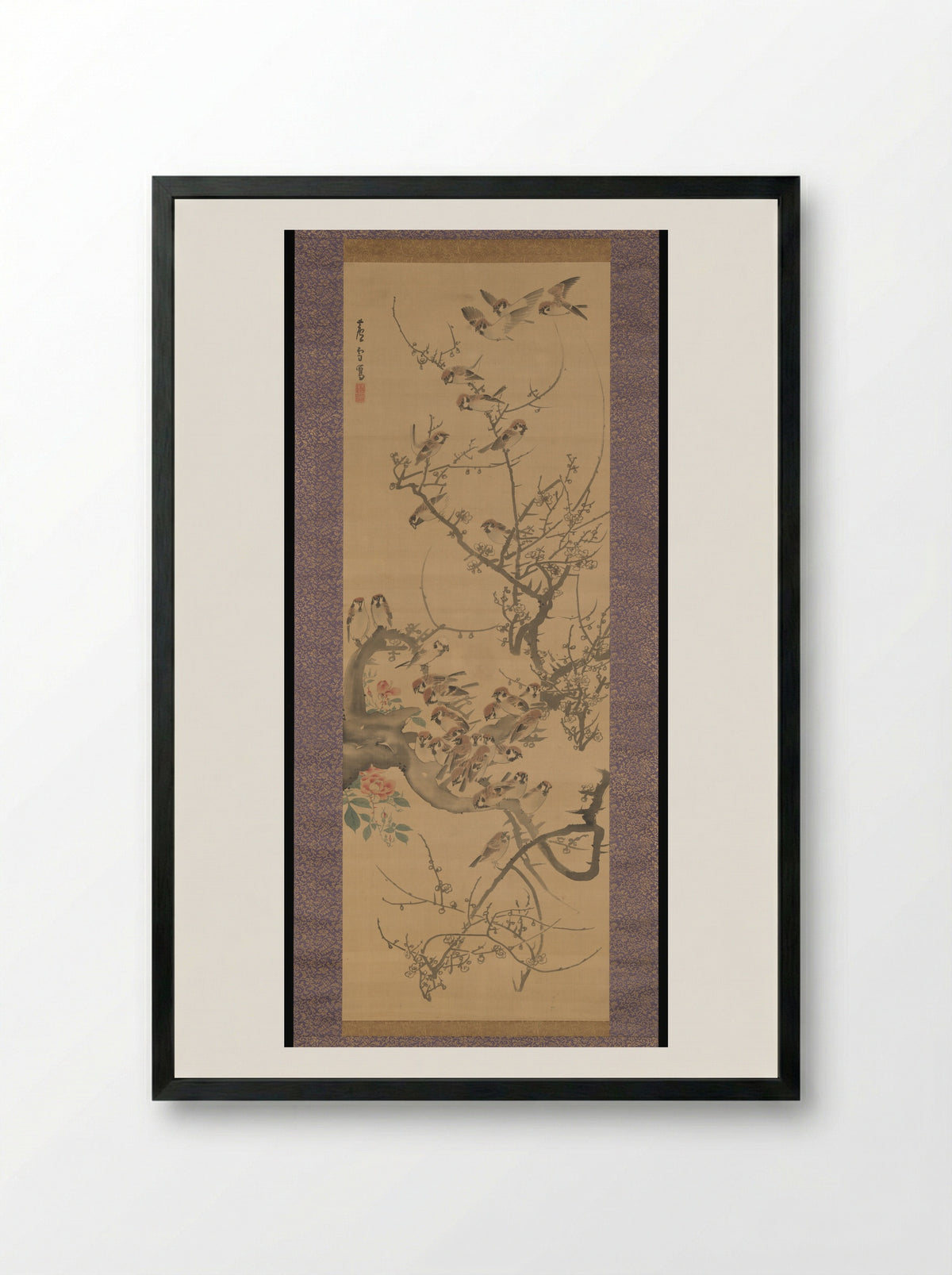 Sparrows in a Plum Tree - Nagasawa Rosetsu - Framed Print Black