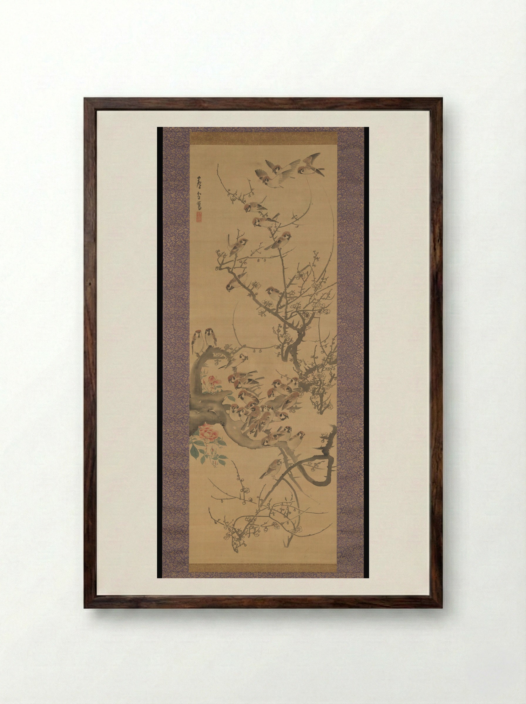 Sparrows in a Plum Tree - Nagasawa Rosetsu - Framed Print Dark Wood