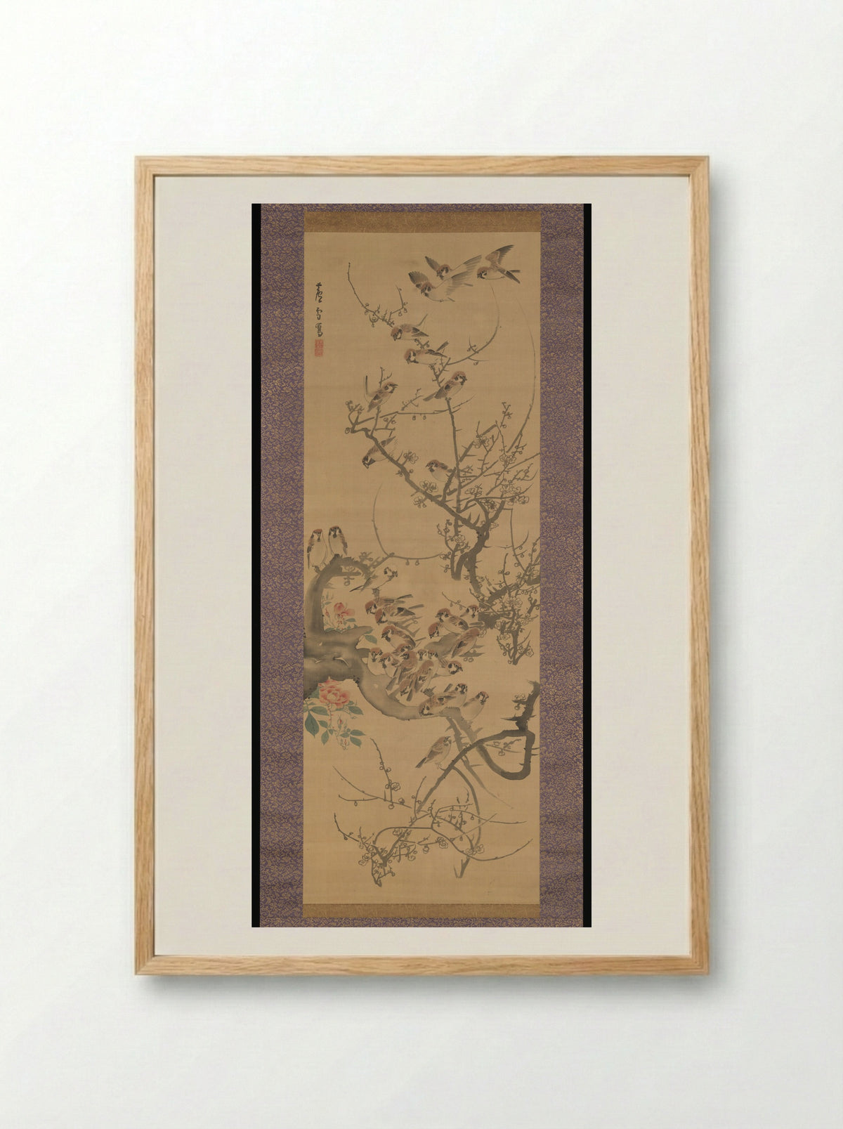 Sparrows in a Plum Tree - Nagasawa Rosetsu - Framed Print Wood