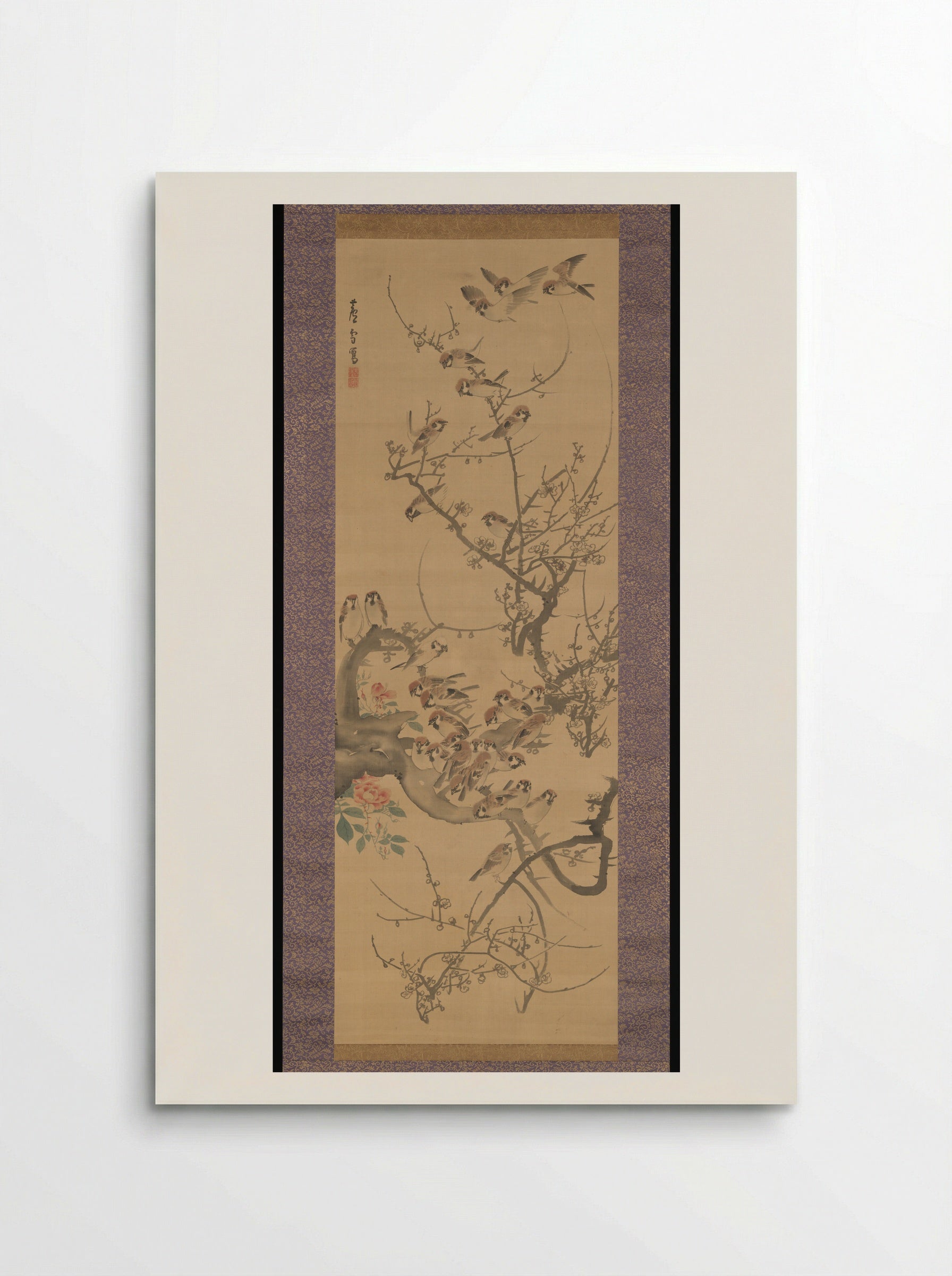Sparrows in a Plum Tree - Nagasawa Rosetsu - Poster