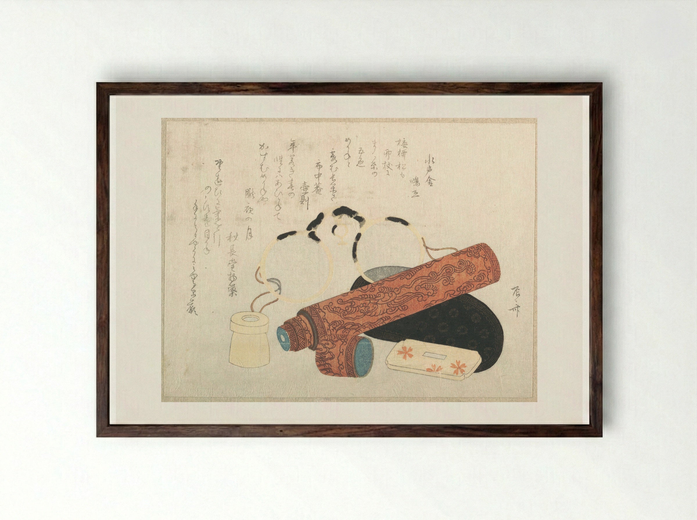 Spectacles and Telescope with Cases - Ryūryūkyo Shinsai - Framed Print Dark Wood