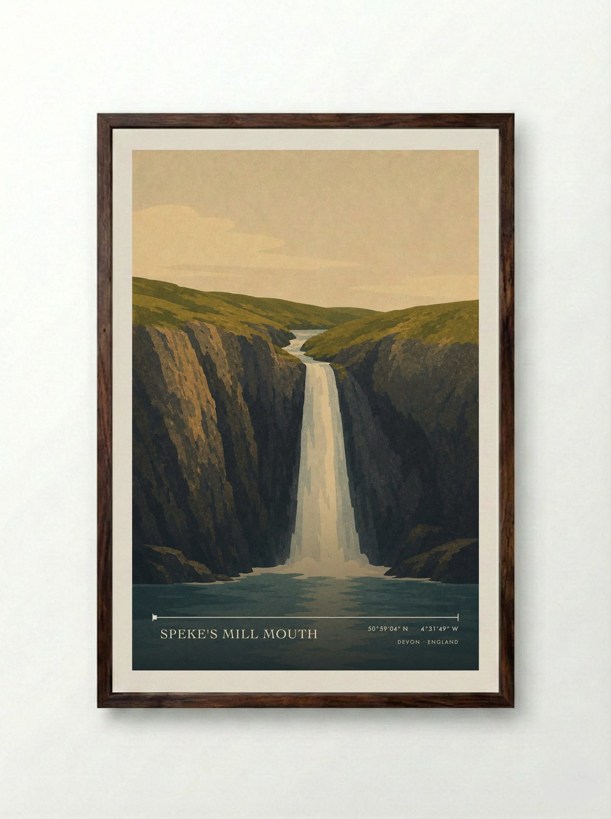 Speke's Mill Mouth Devon England Travel Poster - Framed Print Dark Wood