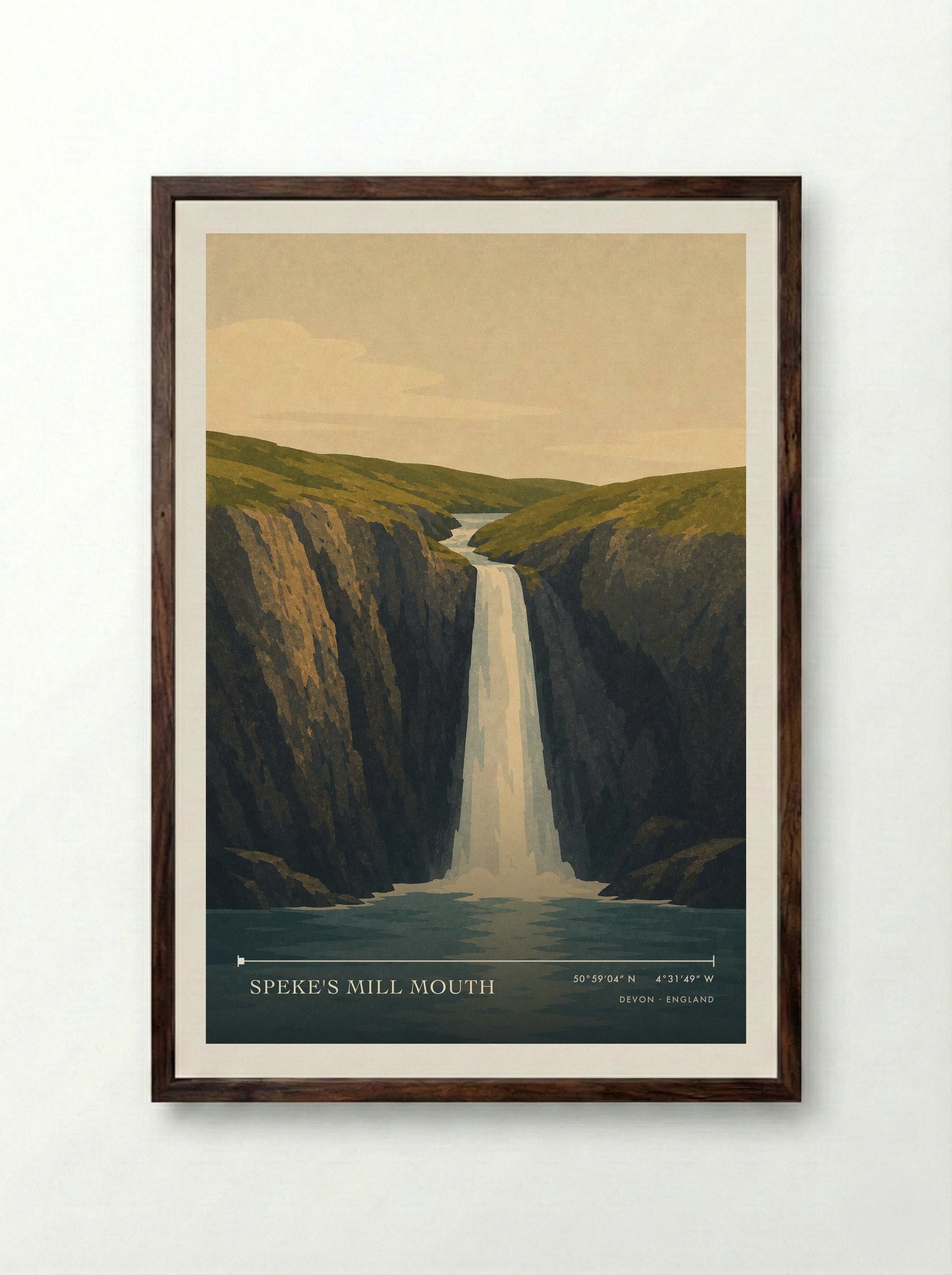 Speke's Mill Mouth Devon England Travel Poster - Framed Print Dark Wood