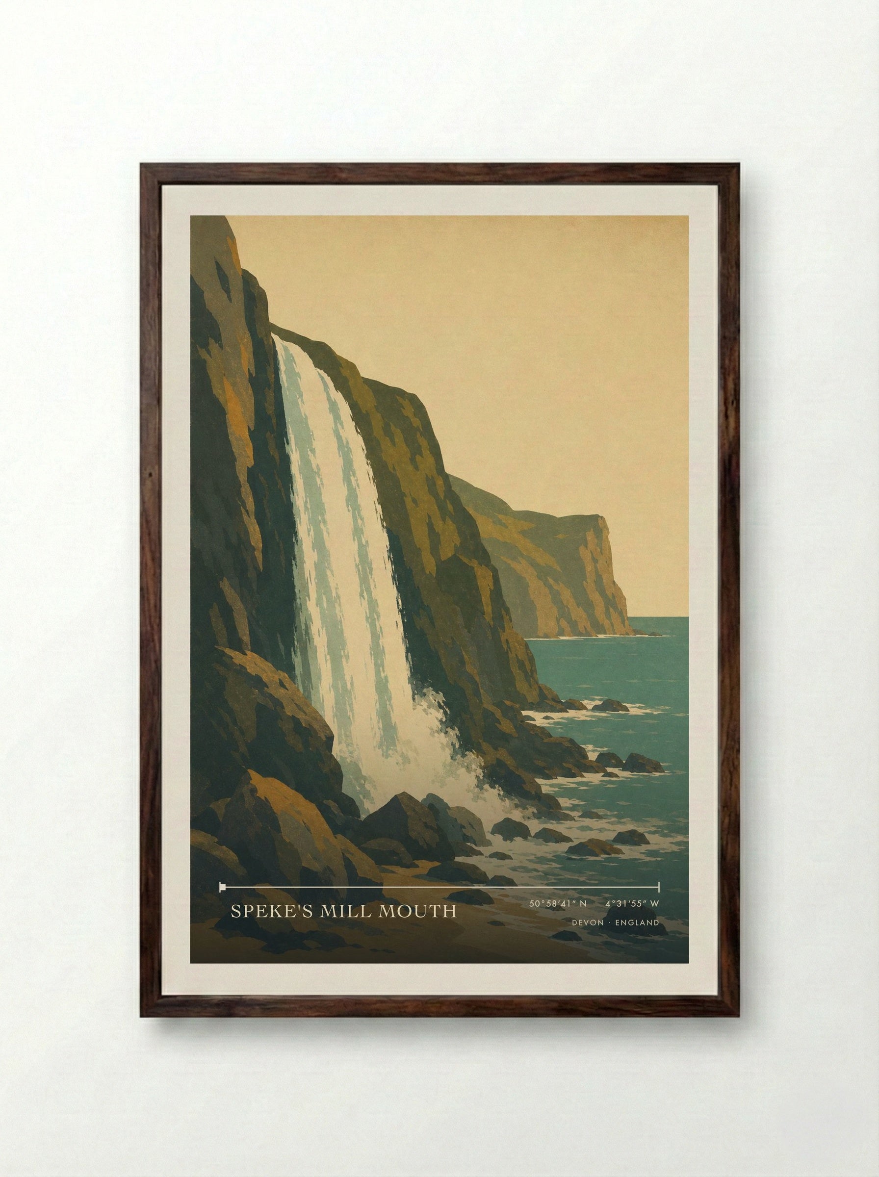 Speke's Mill Mouth Devon England Travel Poster - Framed Print Dark Wood