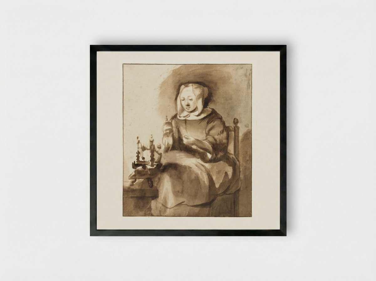 Spinnende vrouw (Woman Spinning) - Gerbrand van den Eeckhout - Framed Print Black