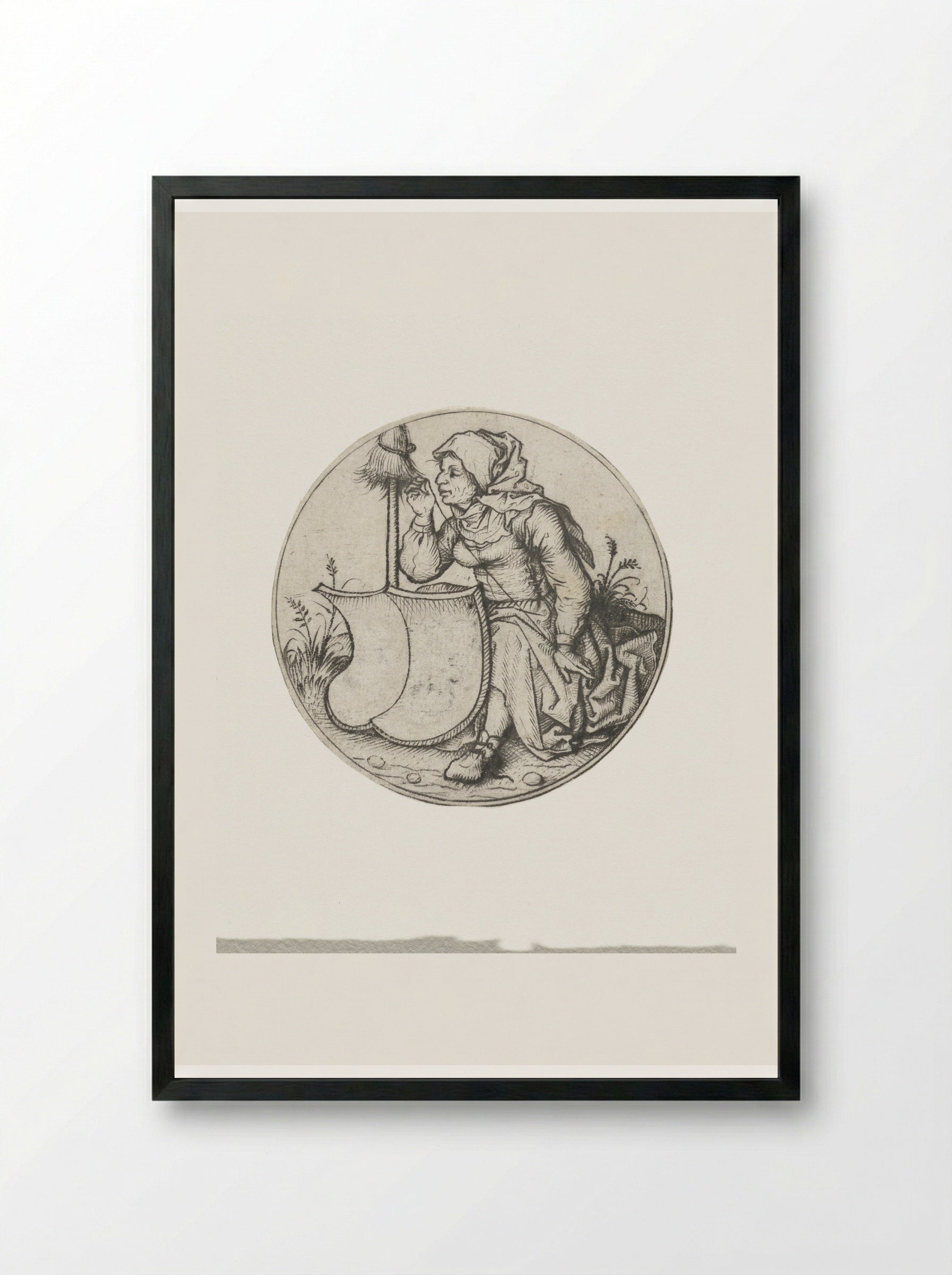 Spinning Peasant Woman with a Blank Coat of Arms - Master of the Amsterdam Cabinet - Framed Print Black