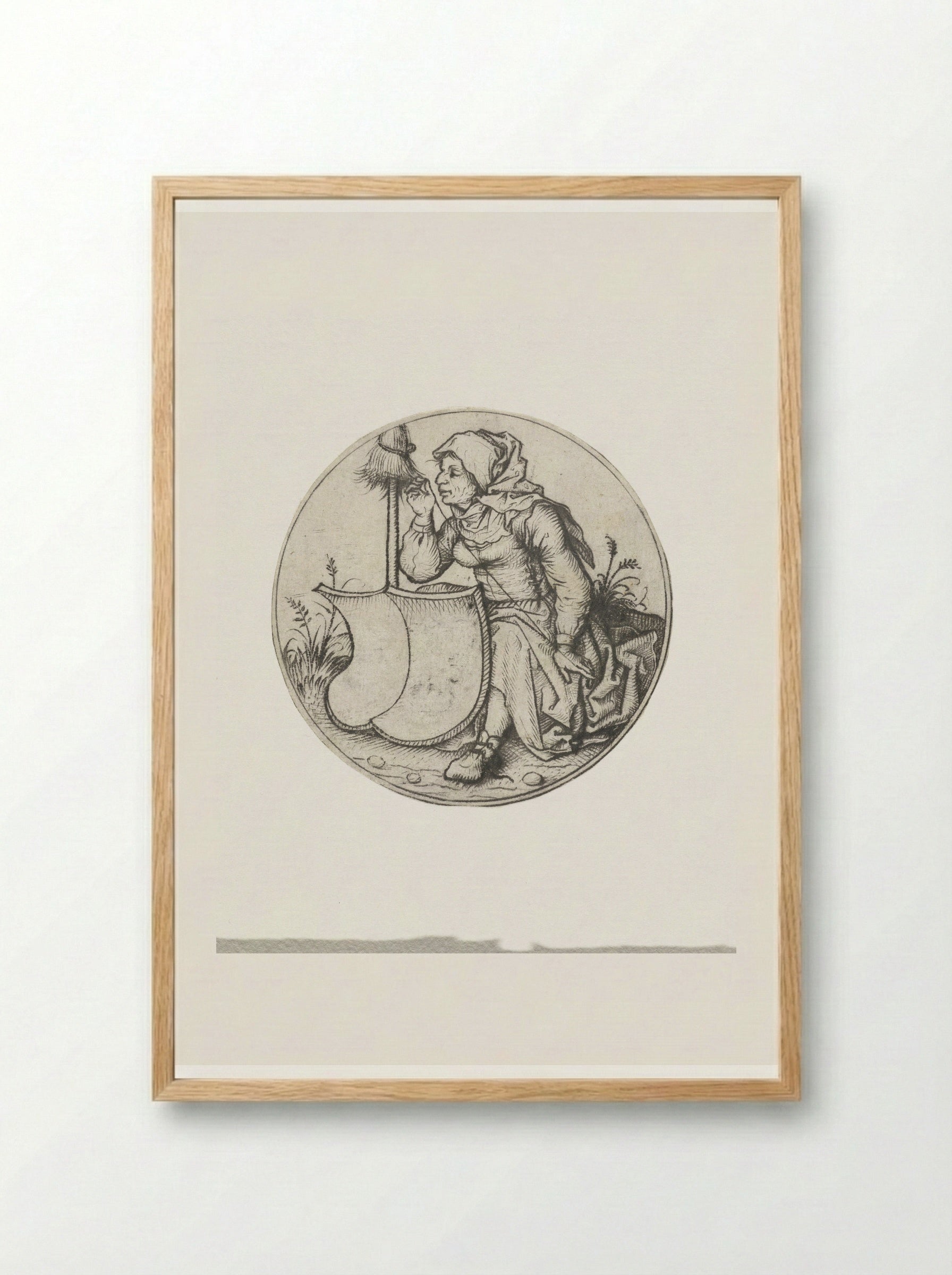 Spinning Peasant Woman with a Blank Coat of Arms - Master of the Amsterdam Cabinet - Framed Print Wood