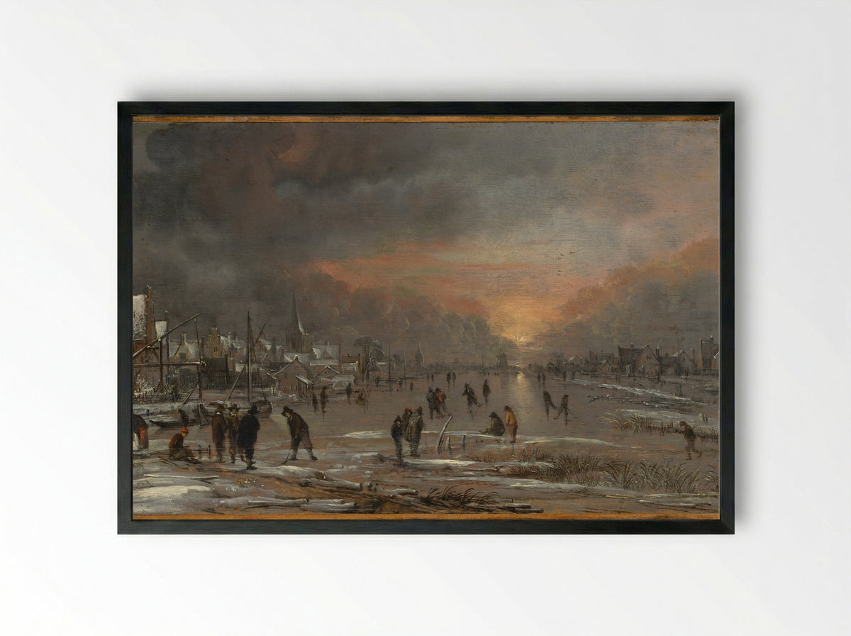 Sports on a Frozen River - Aert van der Neer - Framed Print Black