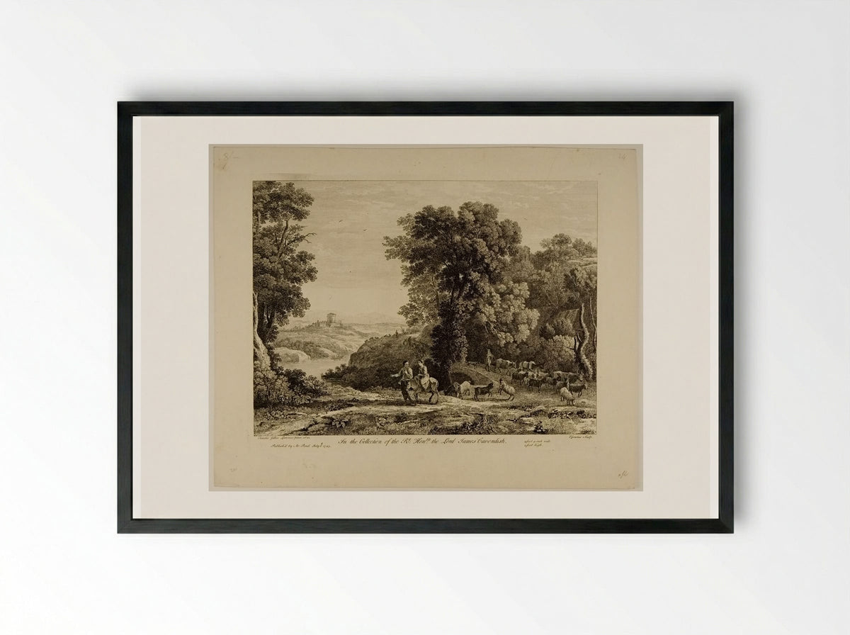 Sportsman Accompanied by a Woman on an Ass - François Vivares - Framed Print Black