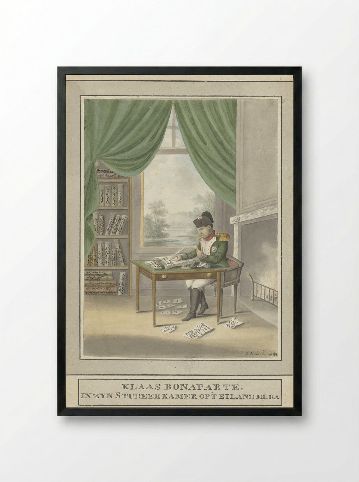 Spotprent op Napoleon: Klaas Bonaparte in zijn studeervertrek op 't eiland Elba - Wijnand Esser - Framed Print Black